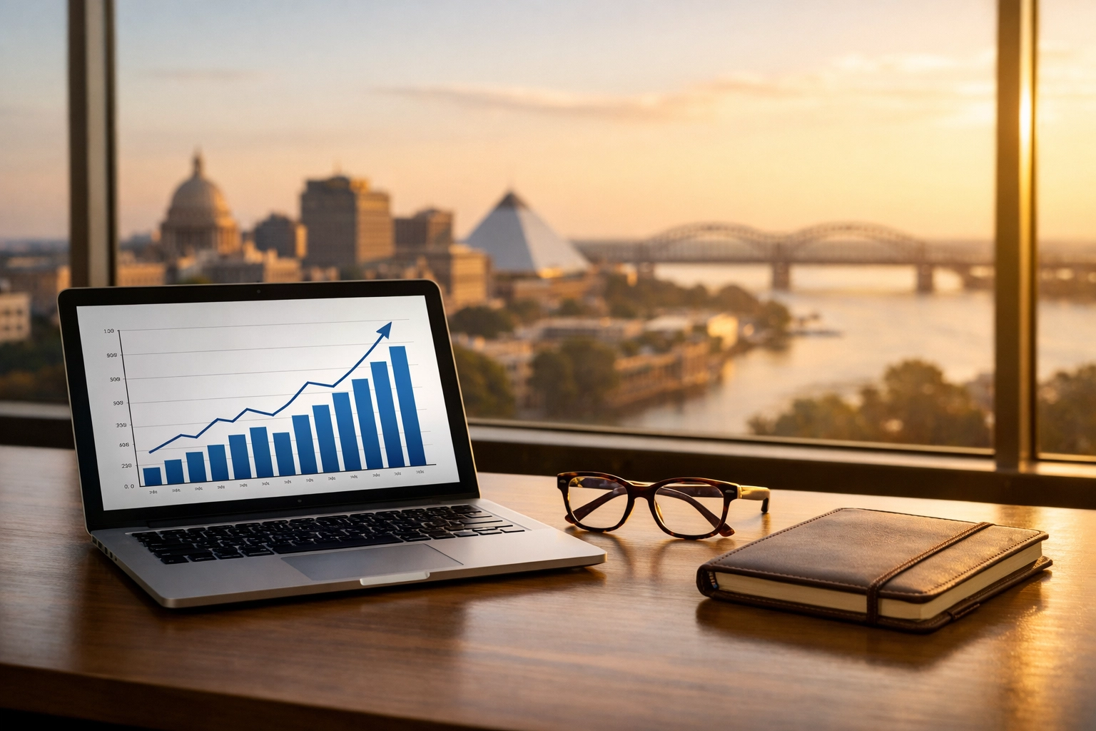 A laptop showing financial growth charts used for business valuation in Mississippi.