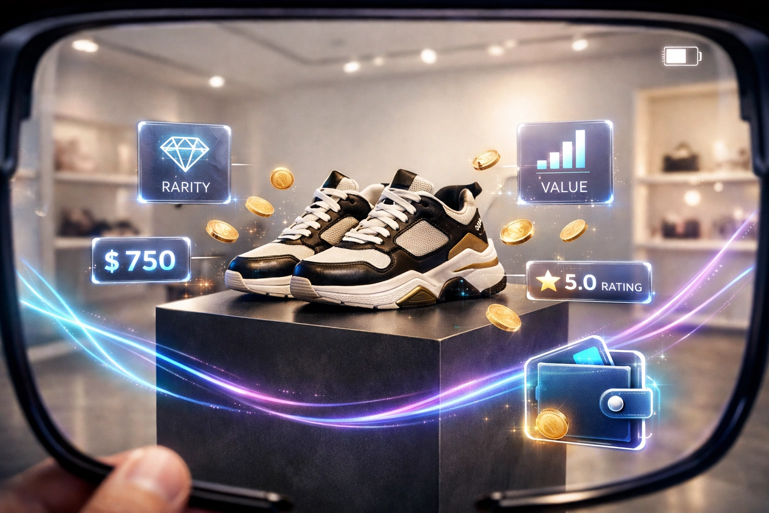 Augmented reality shopping with Larecoin AI showing real-time crypto pricing for metaverse products.