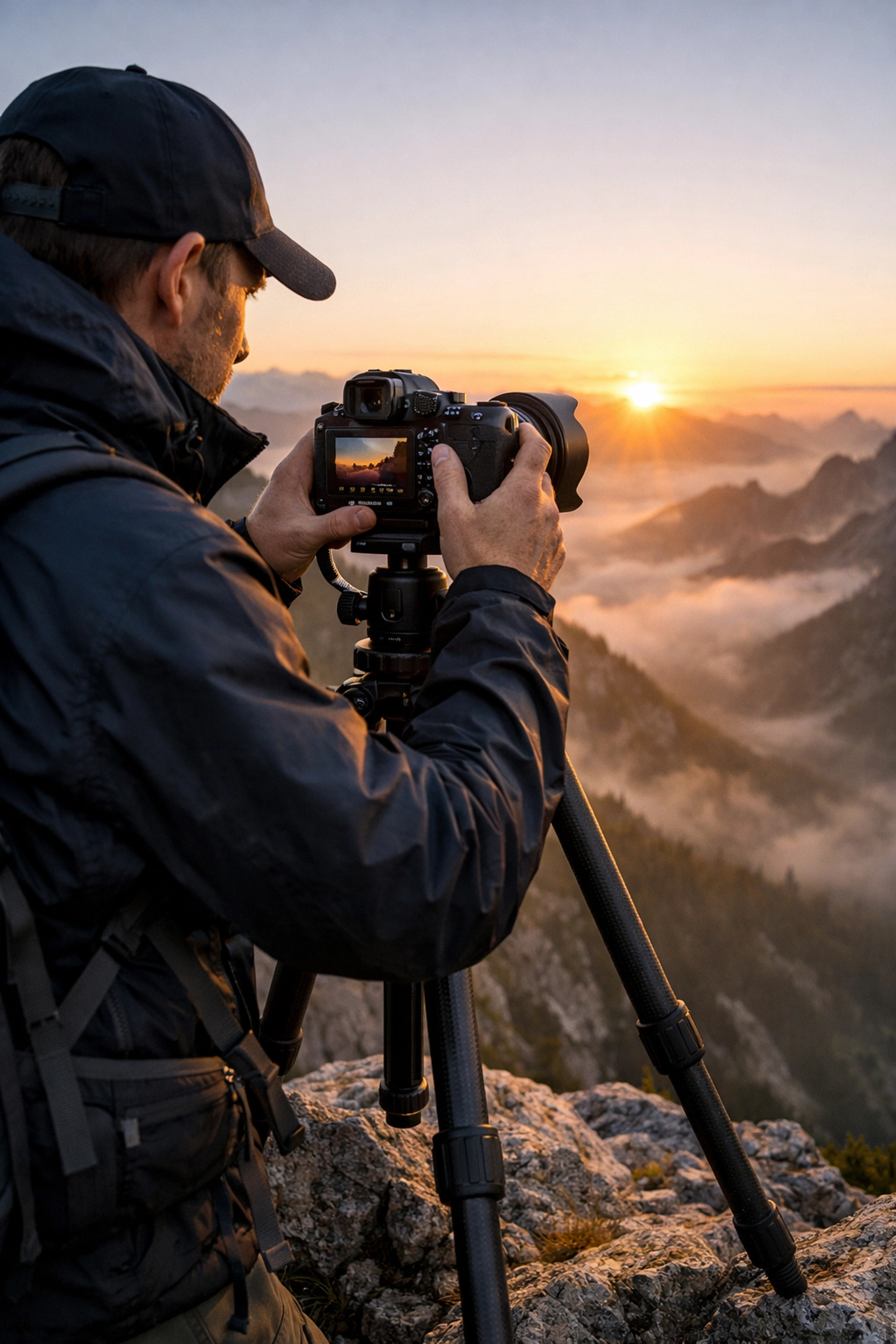 Landscape photographer on a mountain peak practicing skills learned from photography tutorials at sunrise.