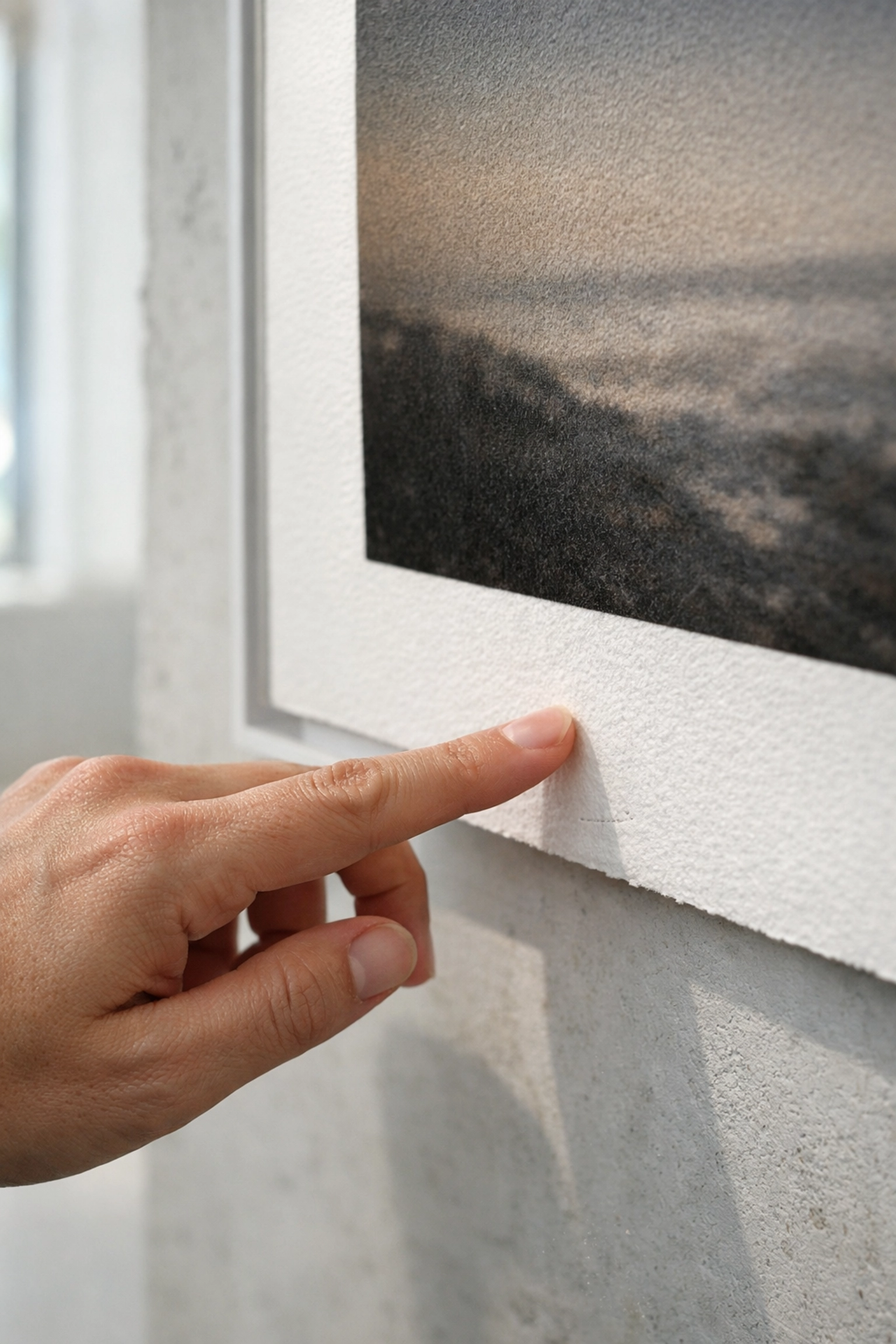 Hand pointing to edition numbers on textured archival prints in a professional fine art gallery.