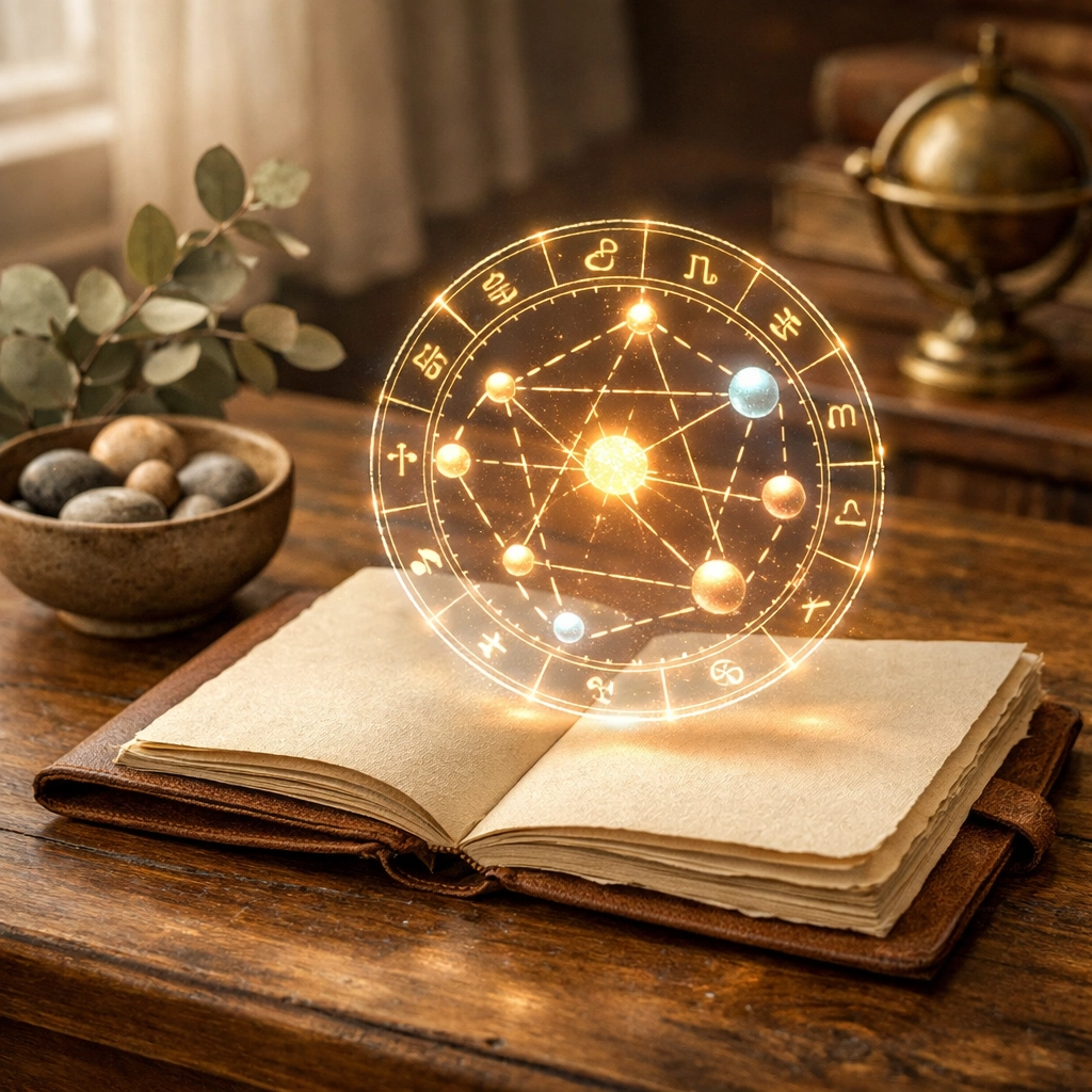An open leather journal showing a glowing natal chart used for Psychoastrology healing and self-care.