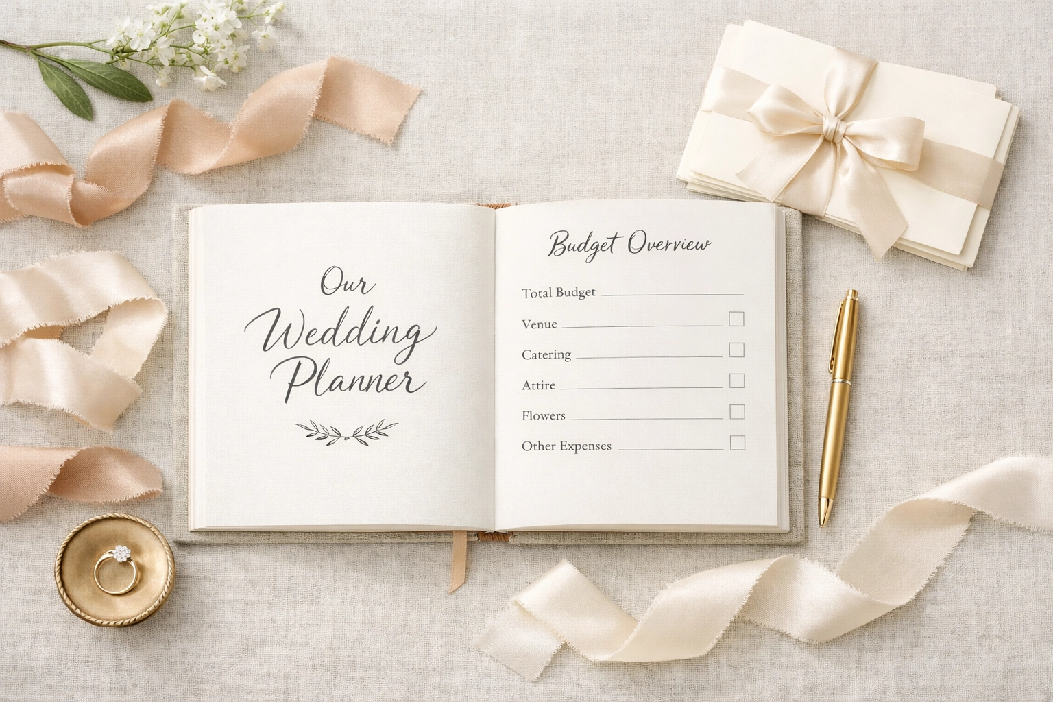 Elegant wedding planner and stationery representing organized, debt-free wedding budgeting.