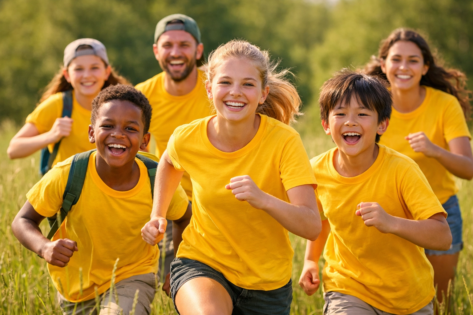 Group of happy kids wearing matching yellow summer camp t-shirts running in a sunny field.