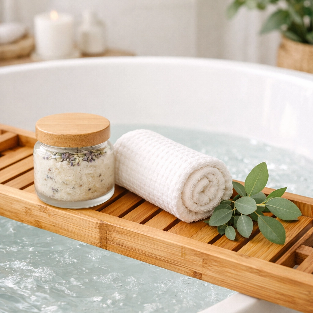 A relaxing home spa setup with plant-based botanical products and a bamboo caddy for toxin-free self-care.