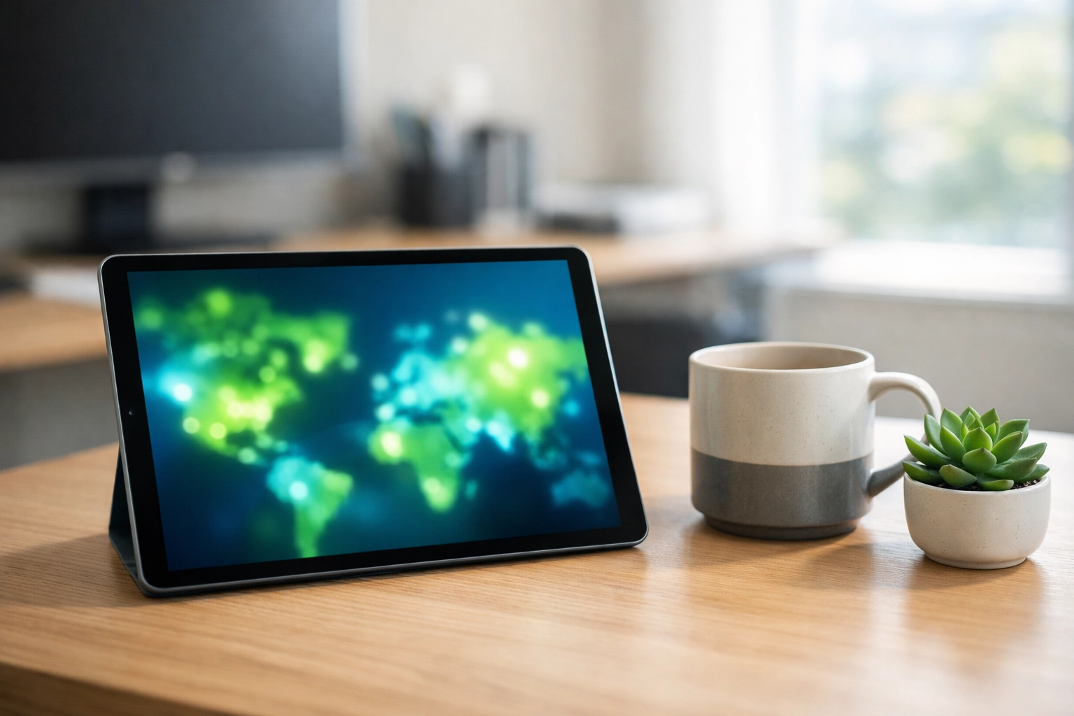 Tech-forward property management dashboard on a tablet in a clean office, showing operational reliability.