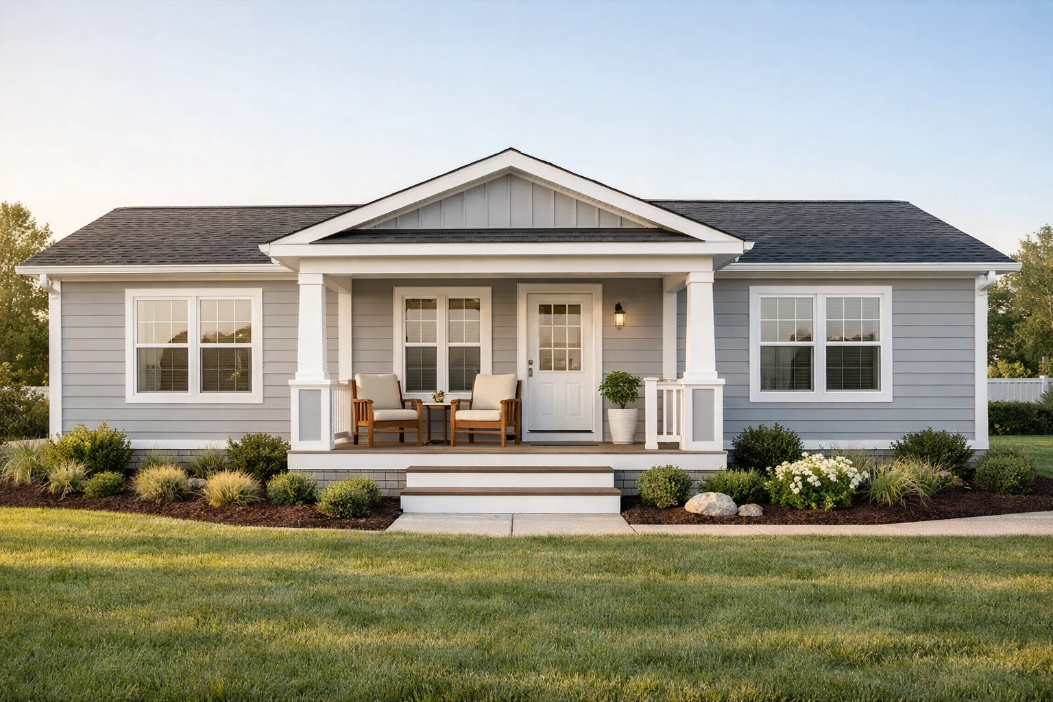 Modern manufactured home with a front porch and clean landscaping in the Piney Woods community.
