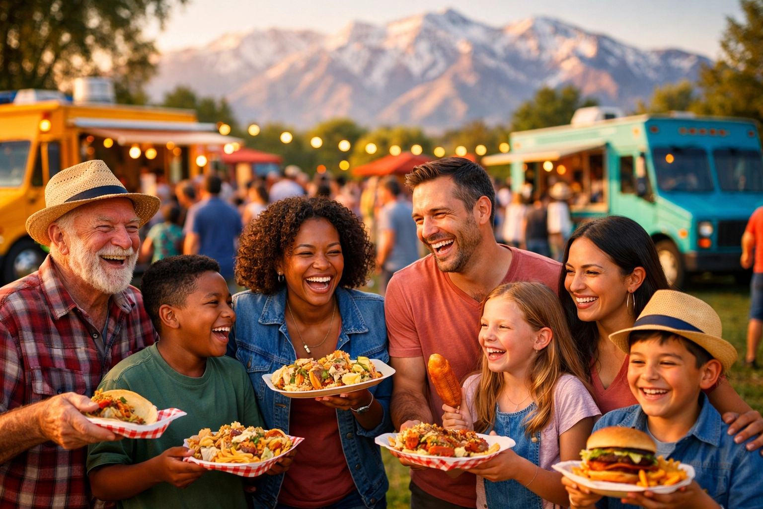 Family gathering enjoying 801 catering food trucks at Utah park event with mountain views