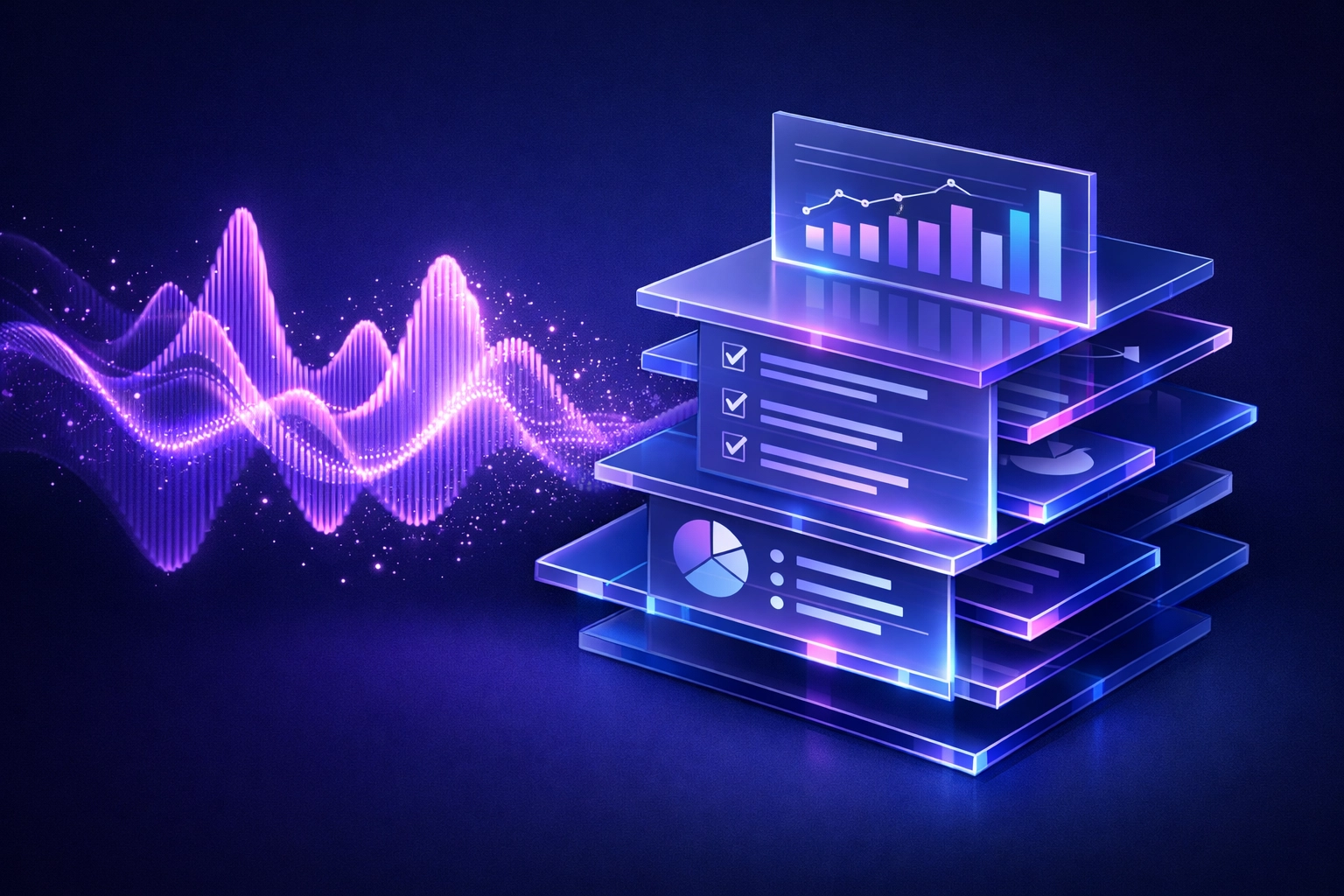 Visual representation of AI transcribing audio into organized digital meeting notes and action items.