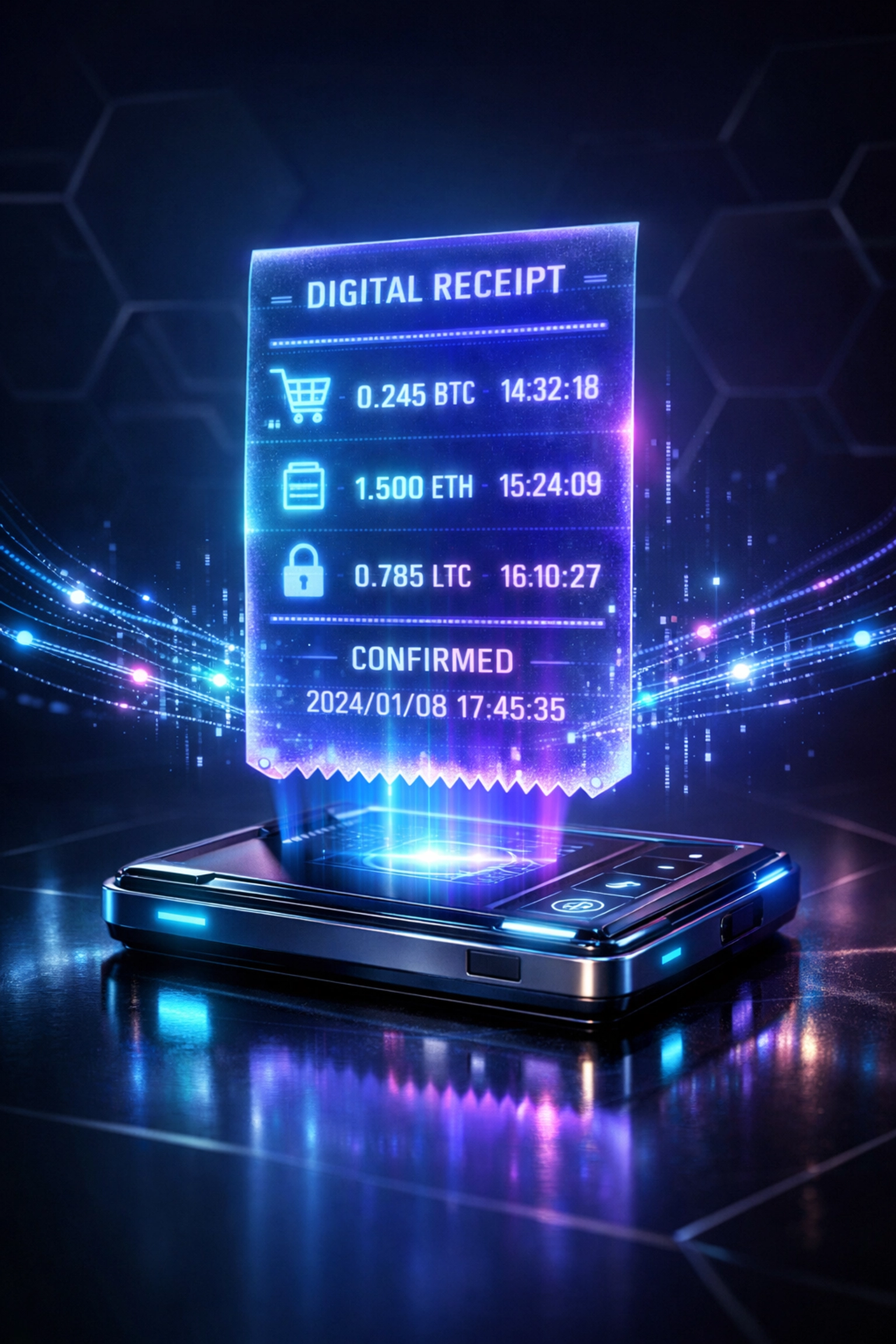 Holographic NFT receipt floating above digital wallet displaying blockchain transaction data for crypto accounting