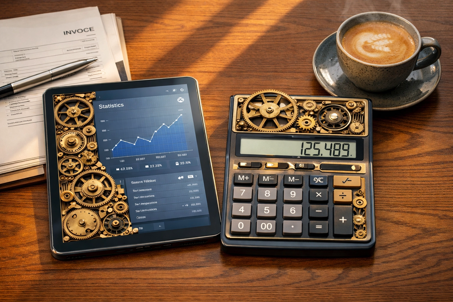 Organized bookkeeping desk with calculator and invoices representing clean financial records.