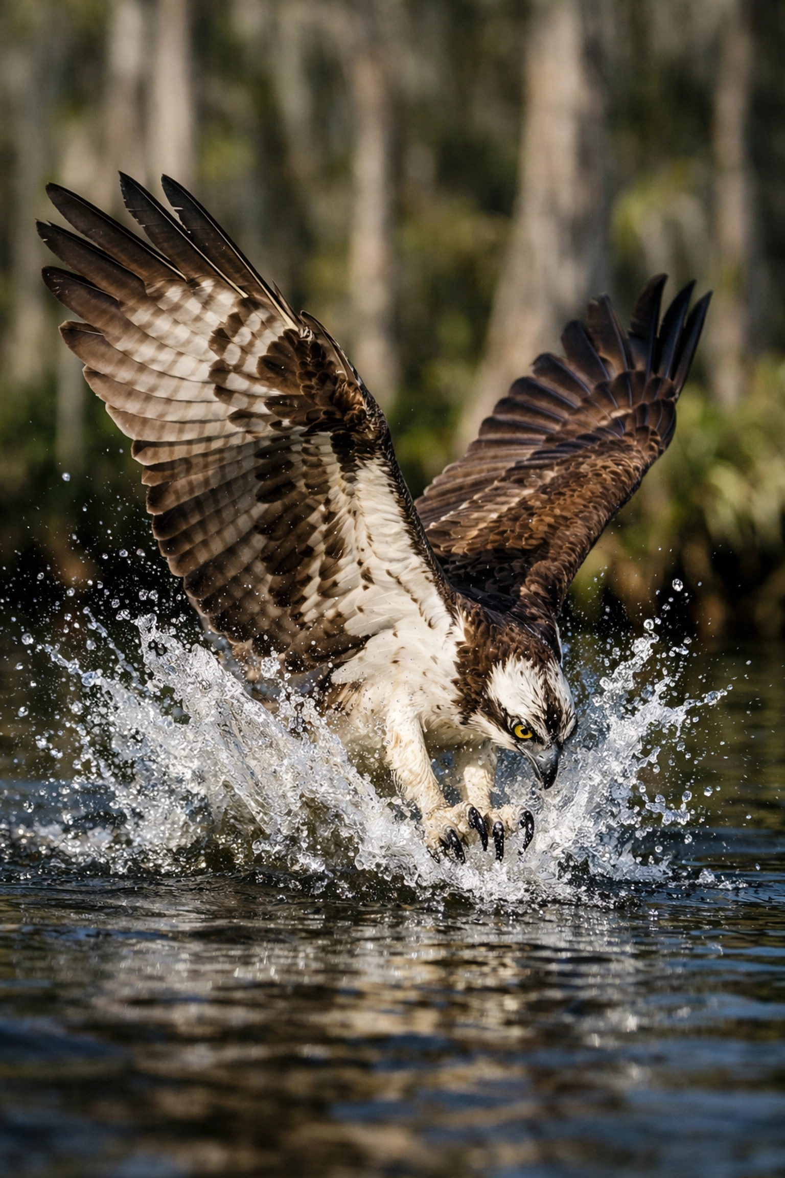 Action shot of an Osprey diving in the Everglades using fast shutter speed to freeze motion.