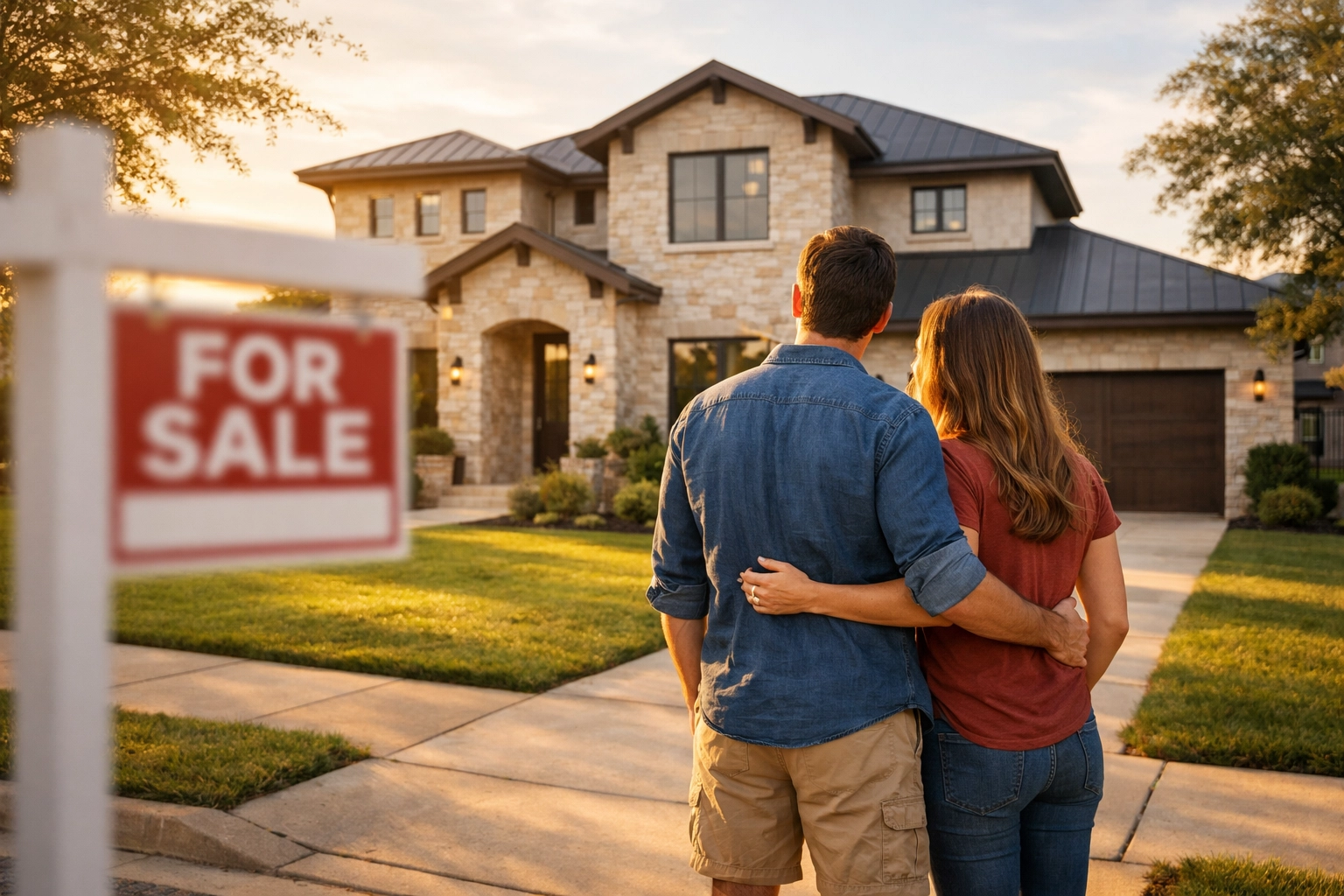 Young couple looking at a modern limestone Texas home for sale while house hunting.