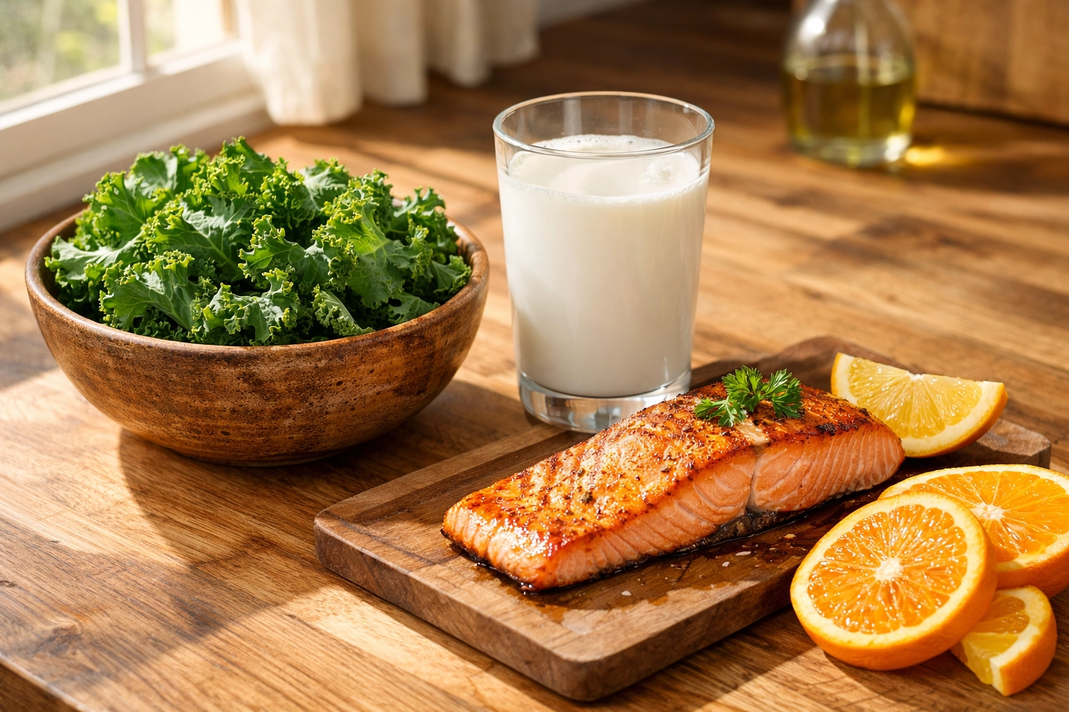 Fresh bone-healthy foods like kale, salmon, and milk on a counter to support strong bones and prevent falls.