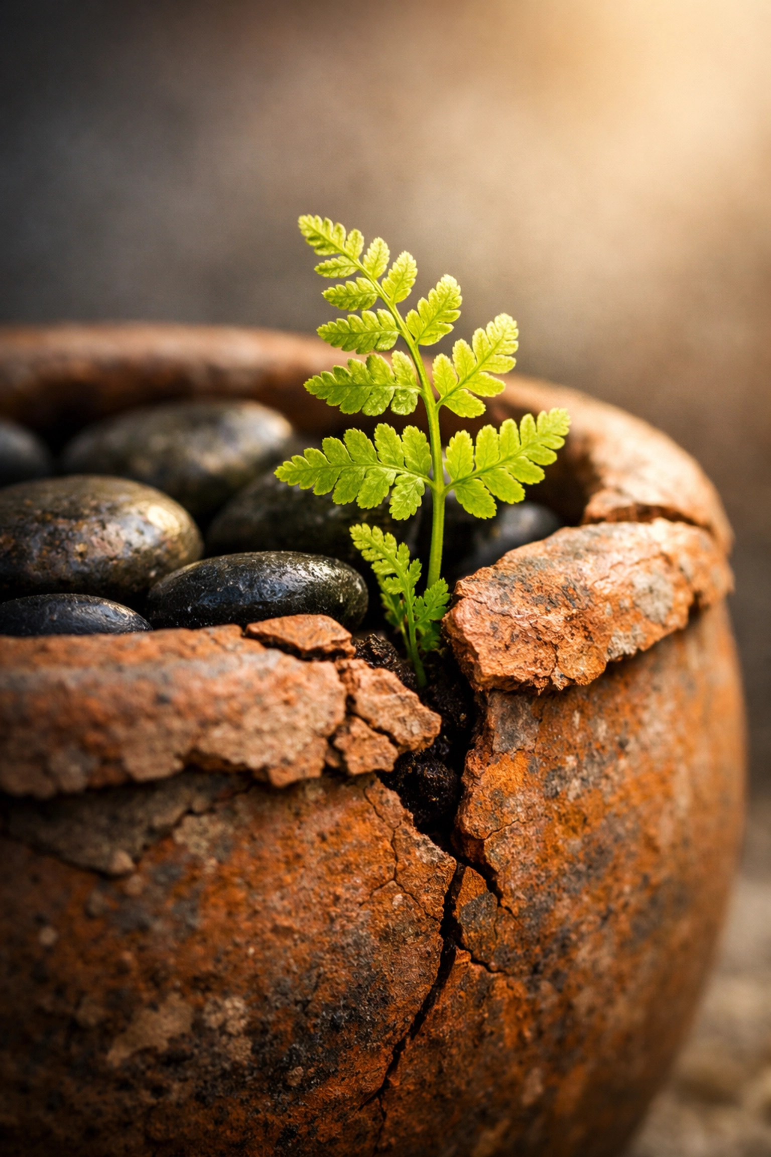 New fern growth from a cracked vessel symbolizing healing and overcoming self-sabotage.