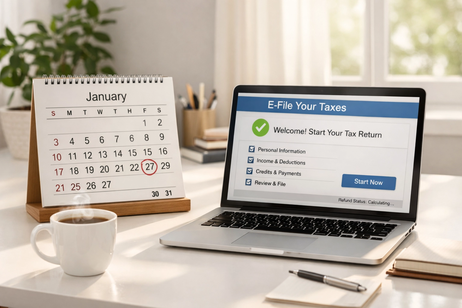 E-filing tax software on laptop with calendar showing late January filing deadline