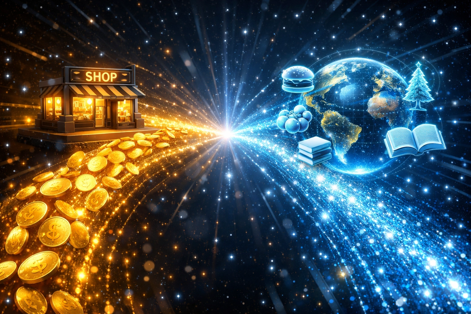 Larecoin transaction flow splitting payment between merchant and global hunger relief programs