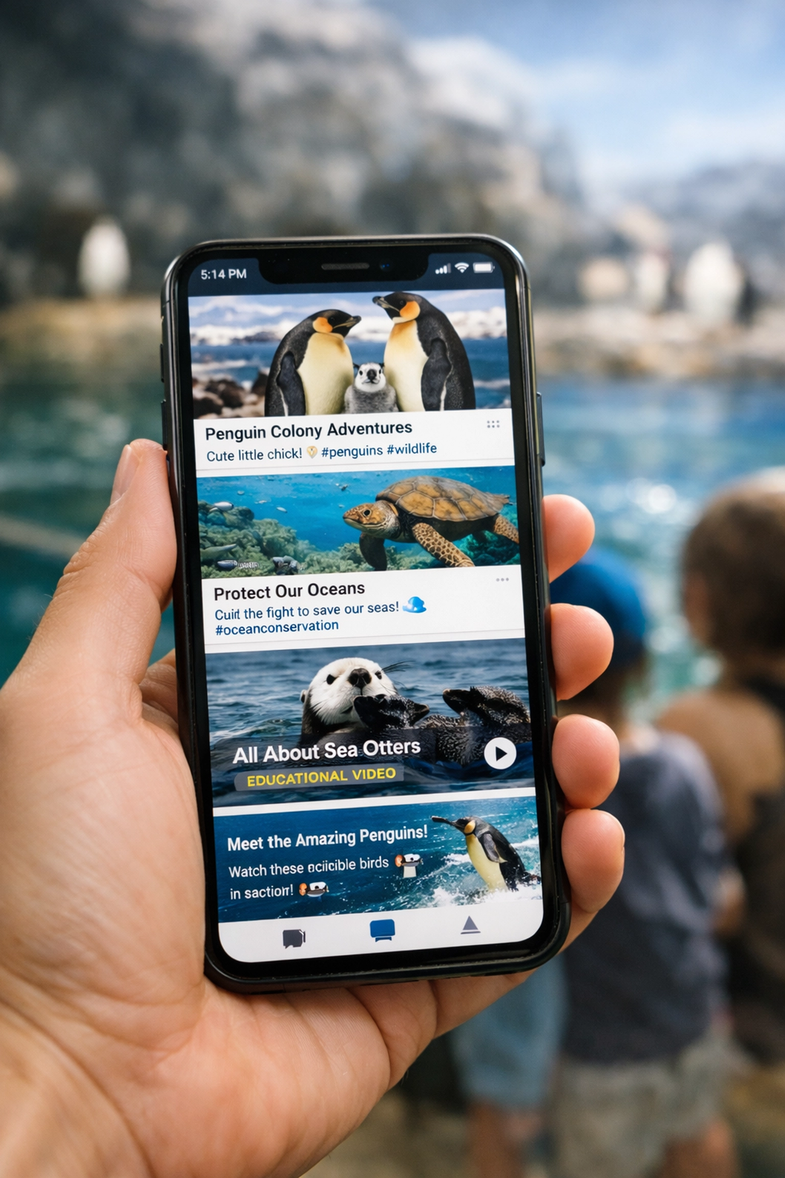 Smartphone showing wildlife social media feed with conservation content at aquarium