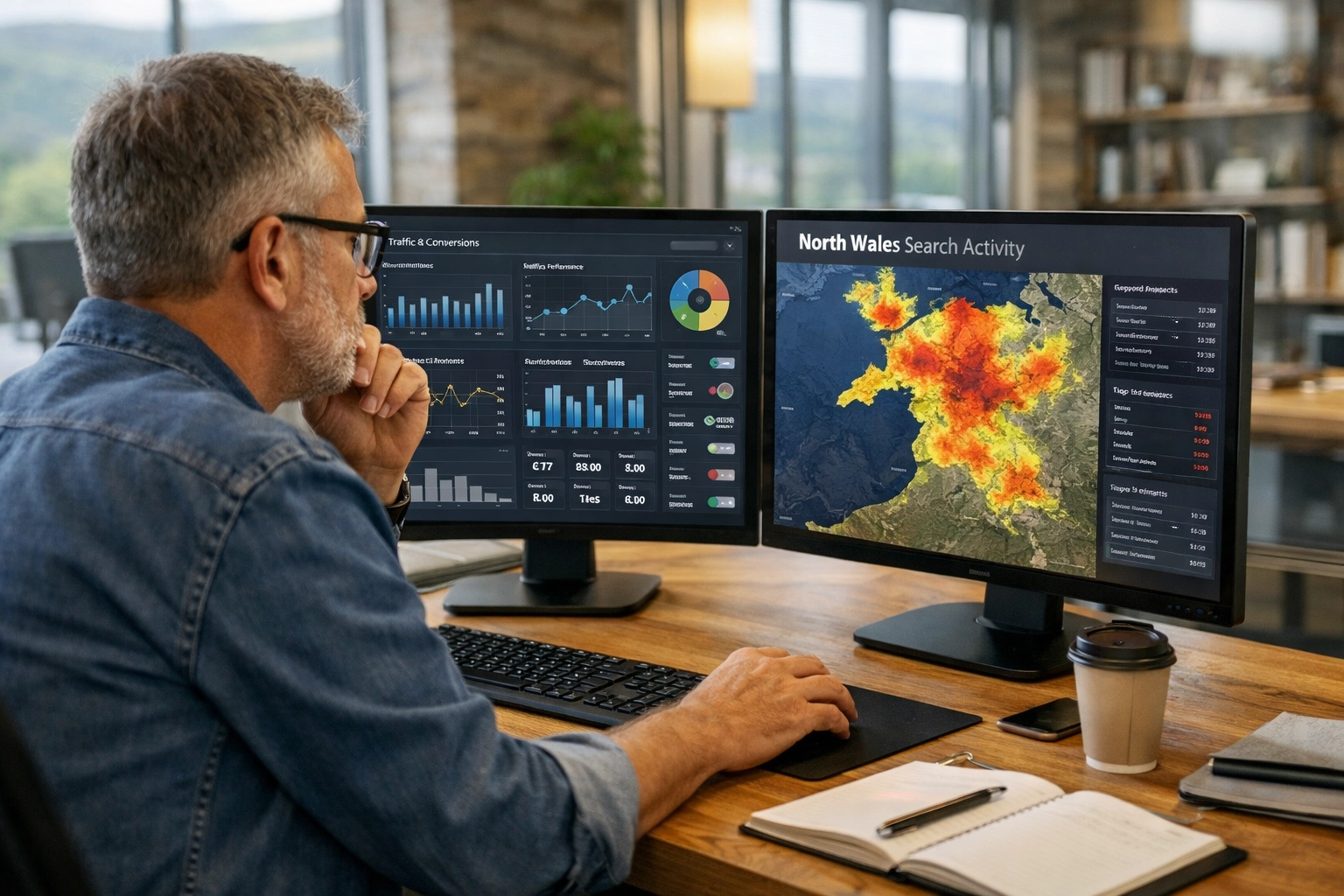 Local SEO expert in North Wales analysing digital marketing data and search heat maps.