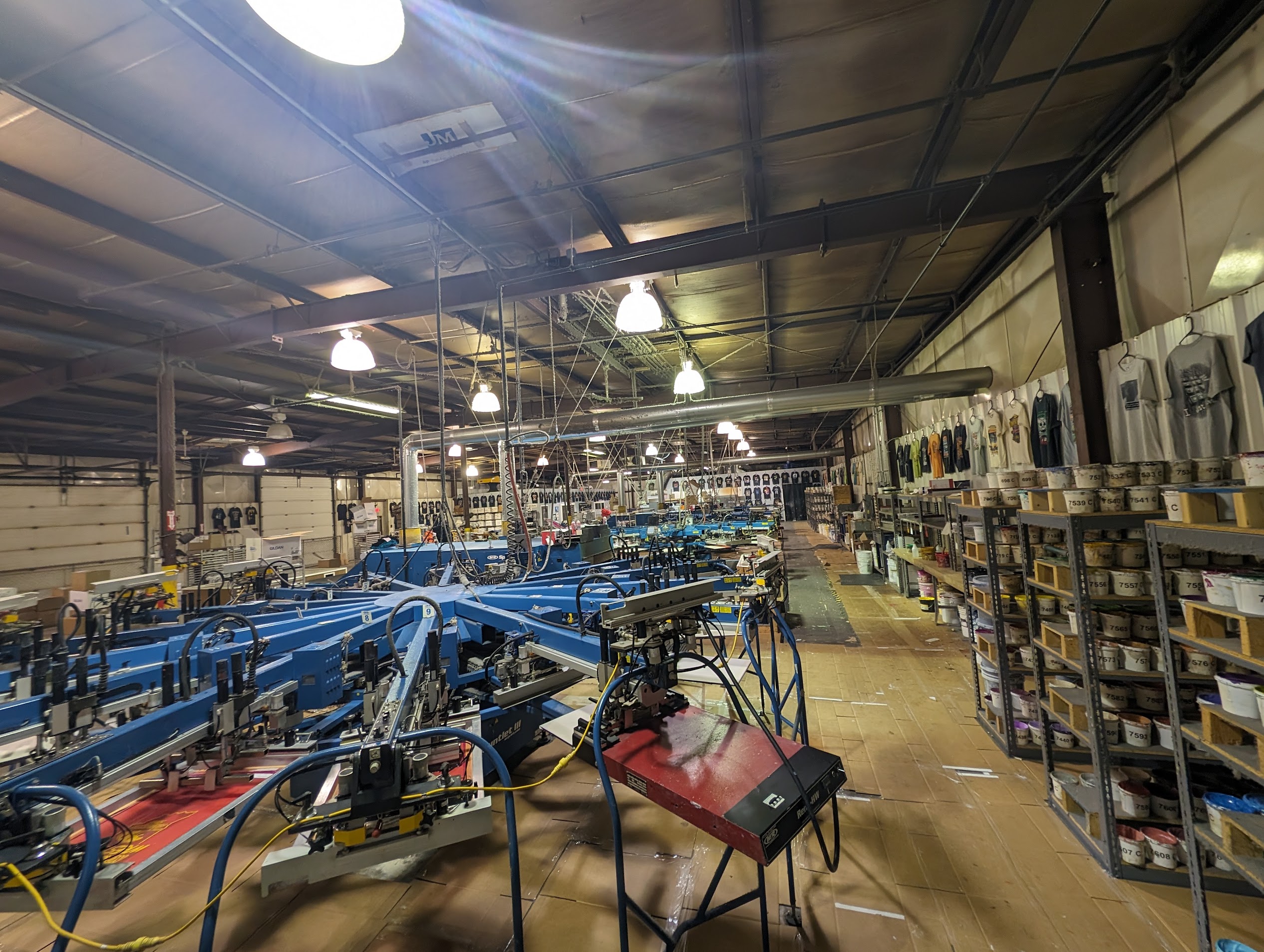 High-volume screen printing presses production floor