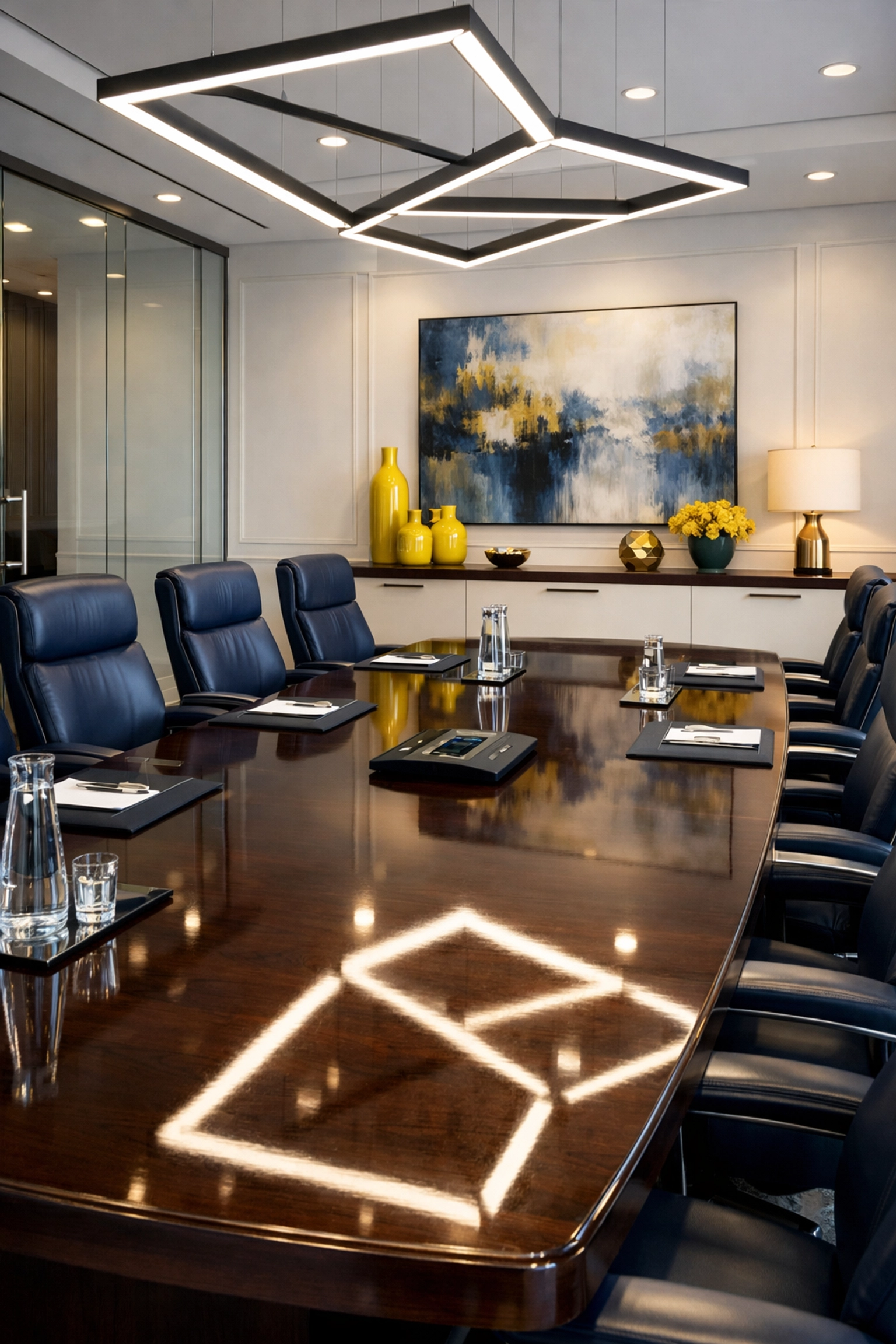 Professional executive conference room with a polished table, showing the ROI of high-end office cleaning.