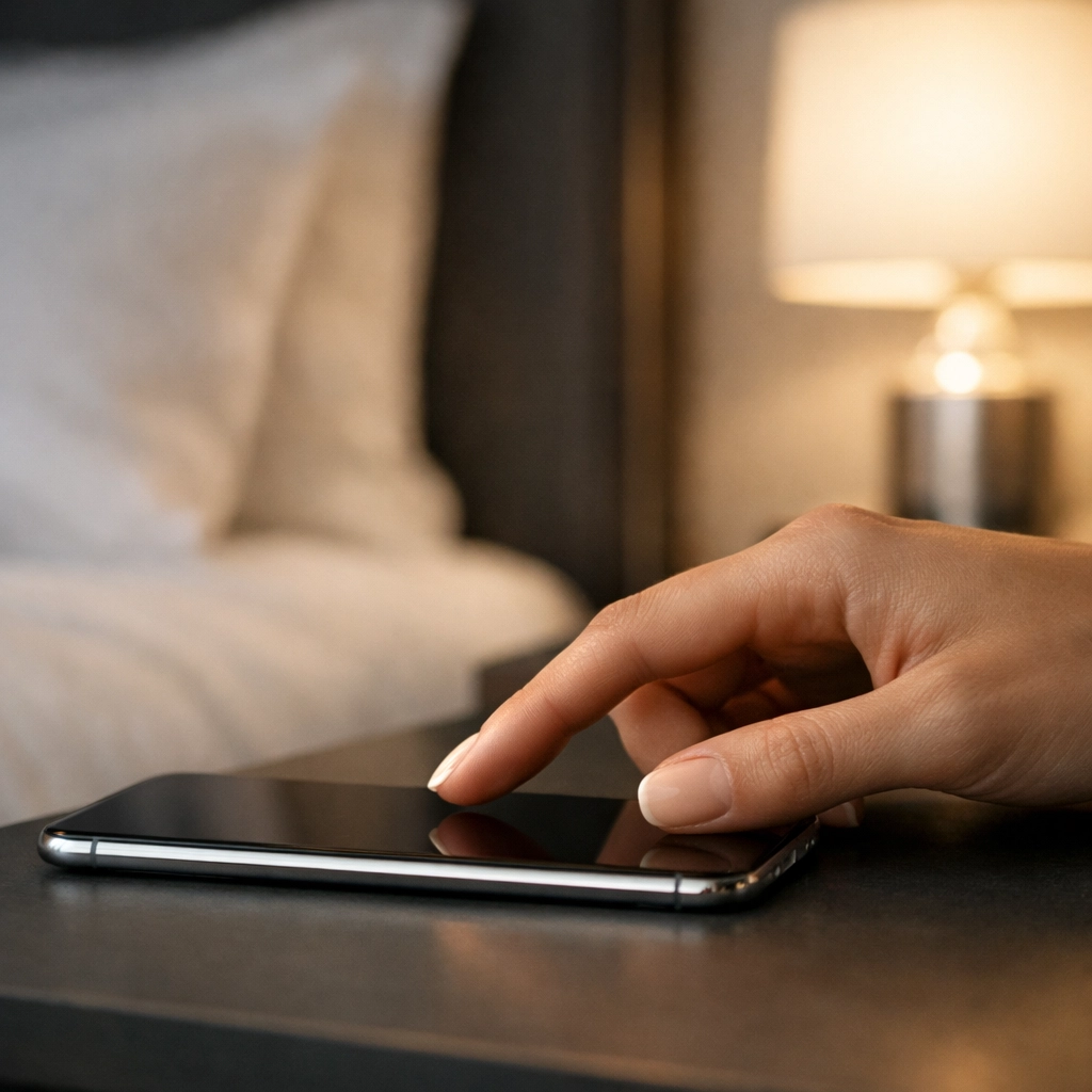 Guest using a simple and intuitive mobile app on a smartphone in a luxury hotel suite.