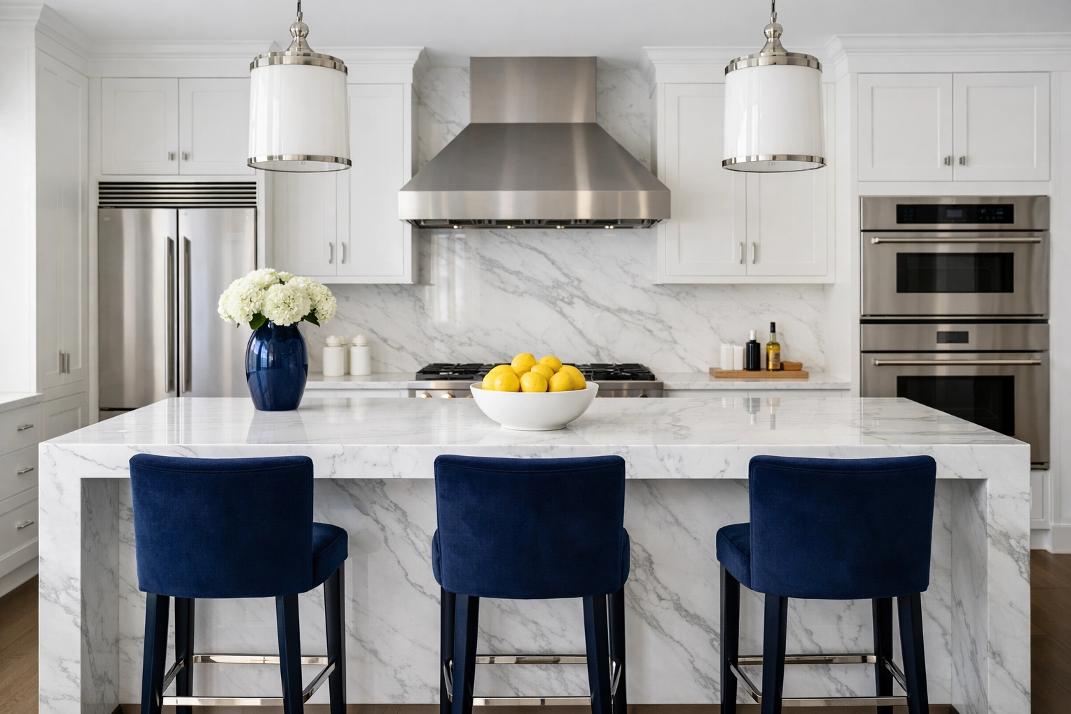 A perfectly sanitized marble kitchen showcasing the results of professional luxury house cleaning Natick MA.