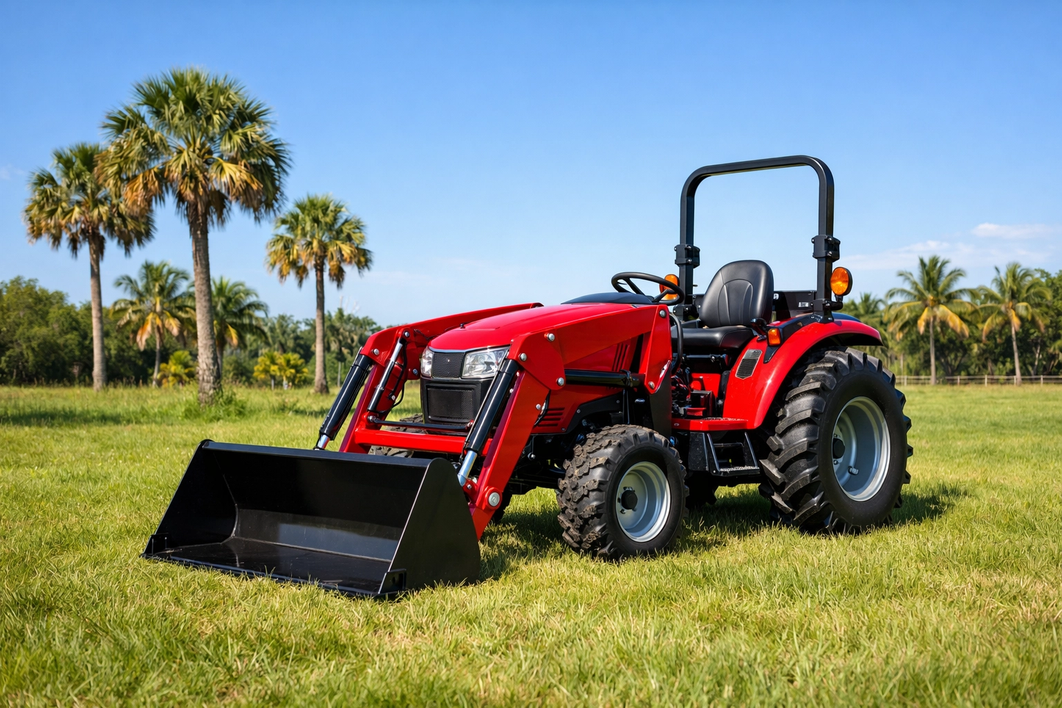 Red compact tractor with front loader on Florida pasture land with palm trees