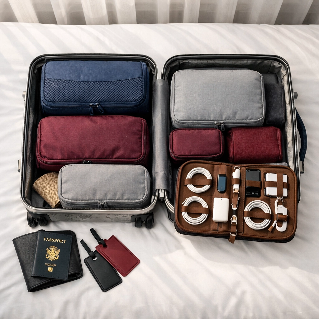 Organized suitcase with compression packing cubes, tech organizer, and RFID passport wallet on hotel bed