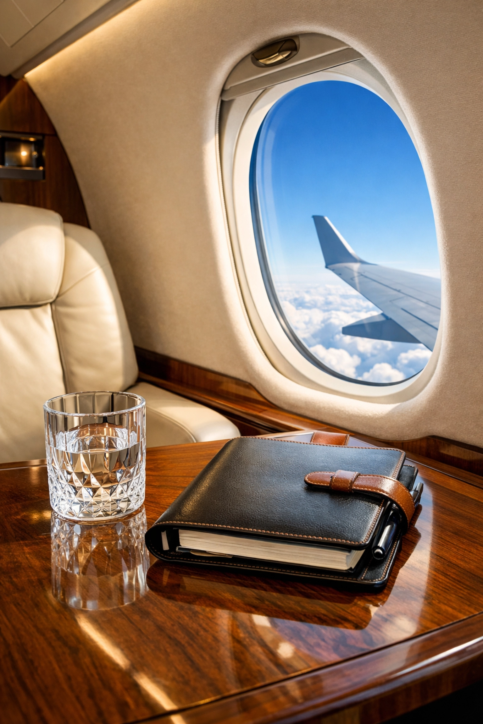 Private jet cabin interior symbolizing high-end corporate travel management and executive sports hospitality services.