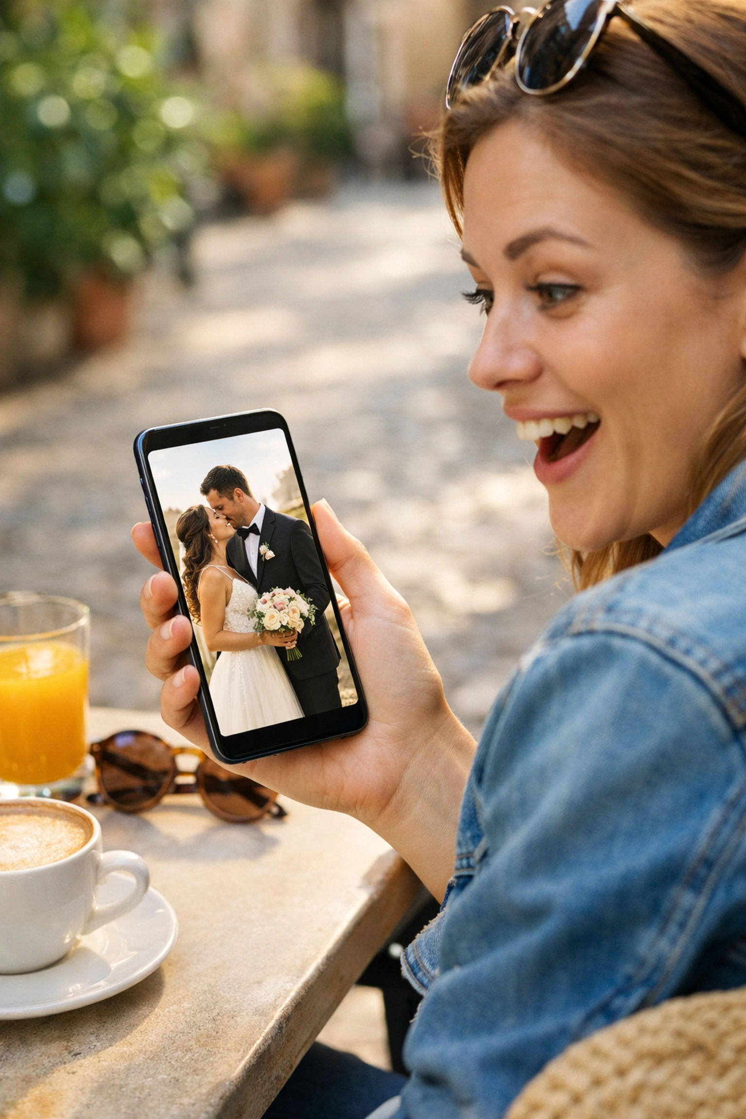 Client viewing high-quality wedding photography insights on a phone at one of the best photo spots in Barcelona.