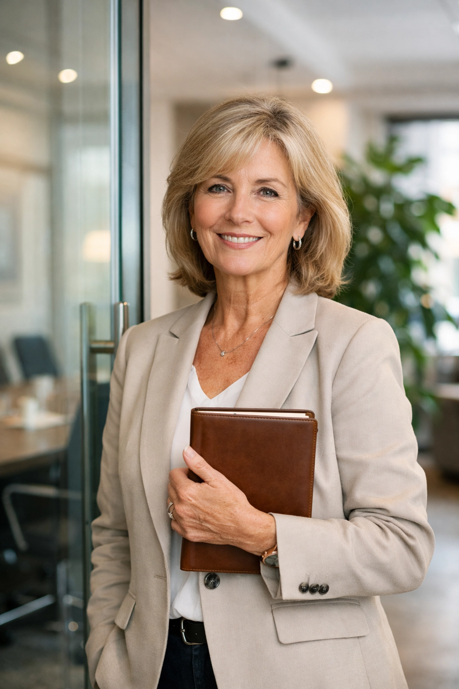 A professional senior woman in an office setting planning her Medicare Part B enrollment strategy.