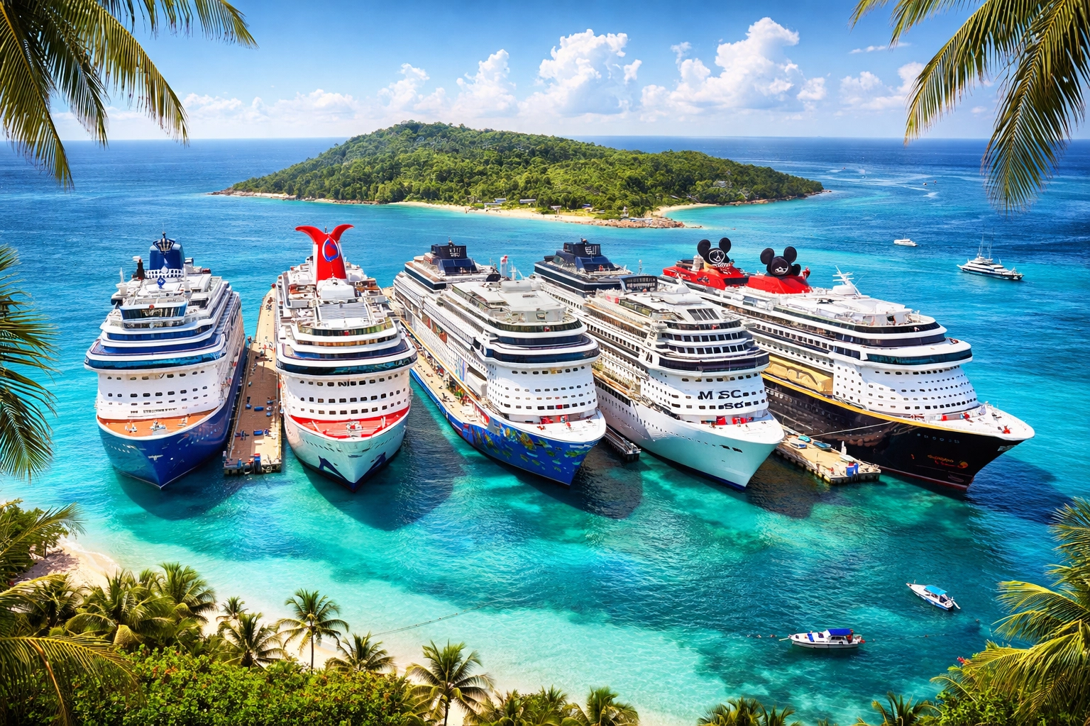Aerial view of colorful cruise ships at a tropical port, highlighting cruise line variety and vacation options