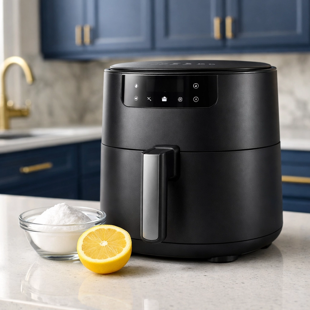 Clean matte black air fryer on quartz countertop with natural cleaning ingredients like lemon and baking soda.