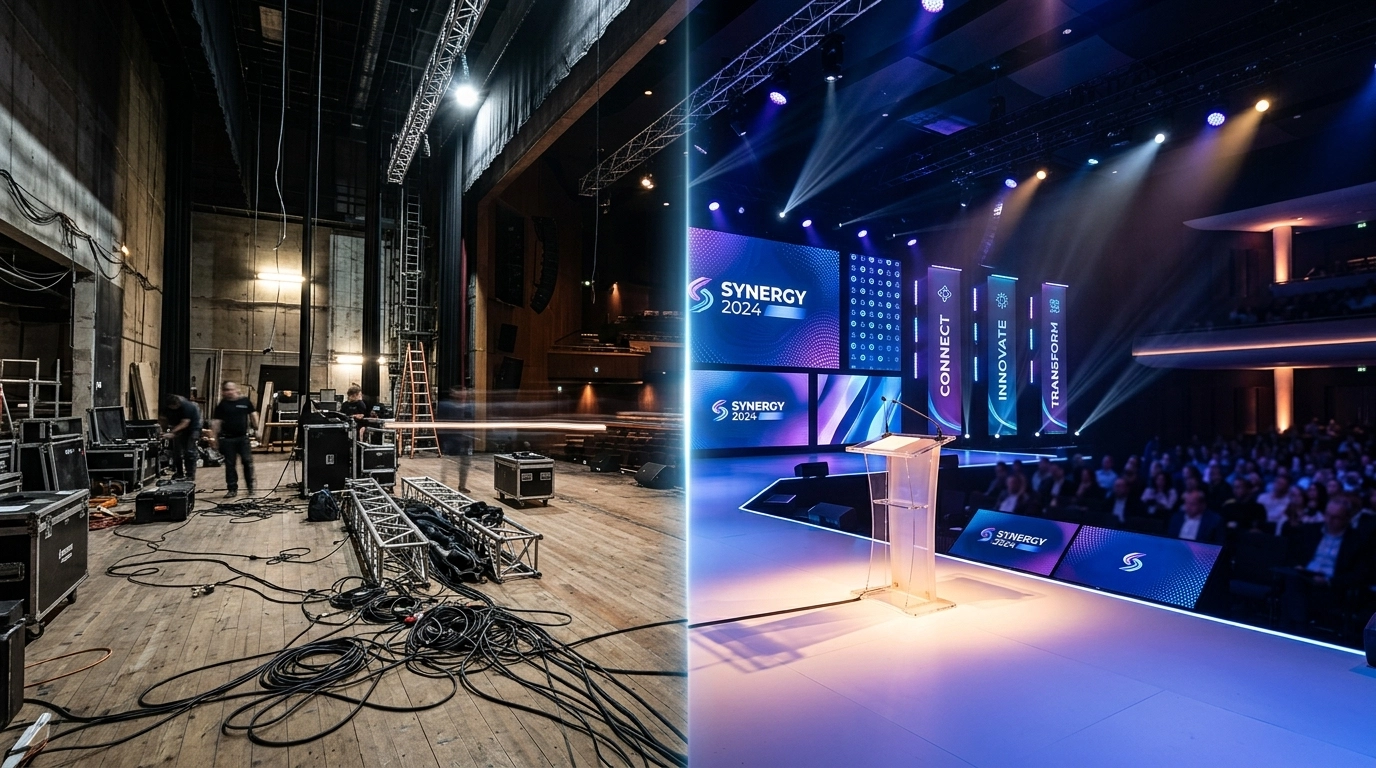 A composite view showing the rapid transformation from bare stage to corporate branding