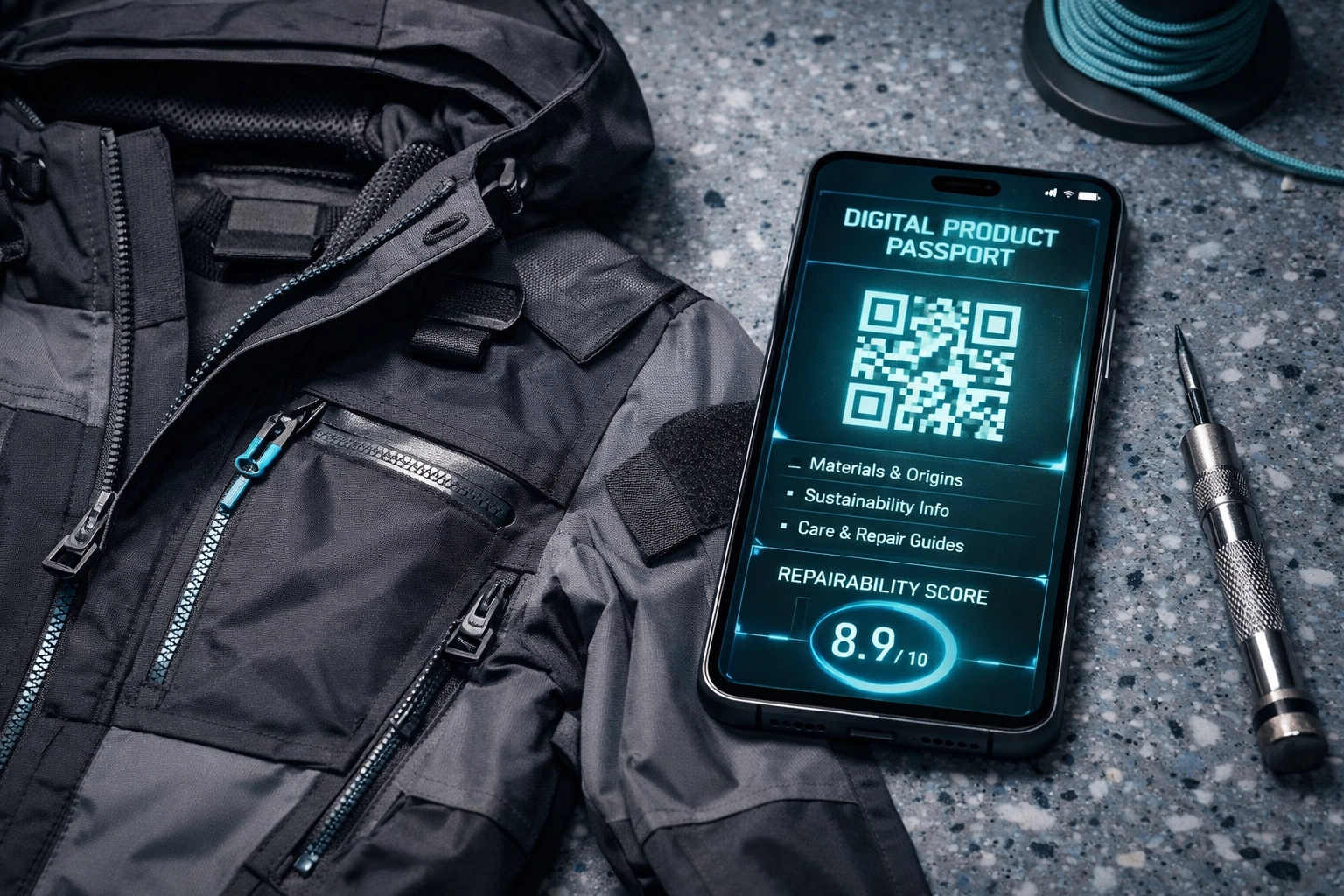 Refurbished modular jacket on a workbench with a smartphone showing a digital product passport for eco-friendly reselling.