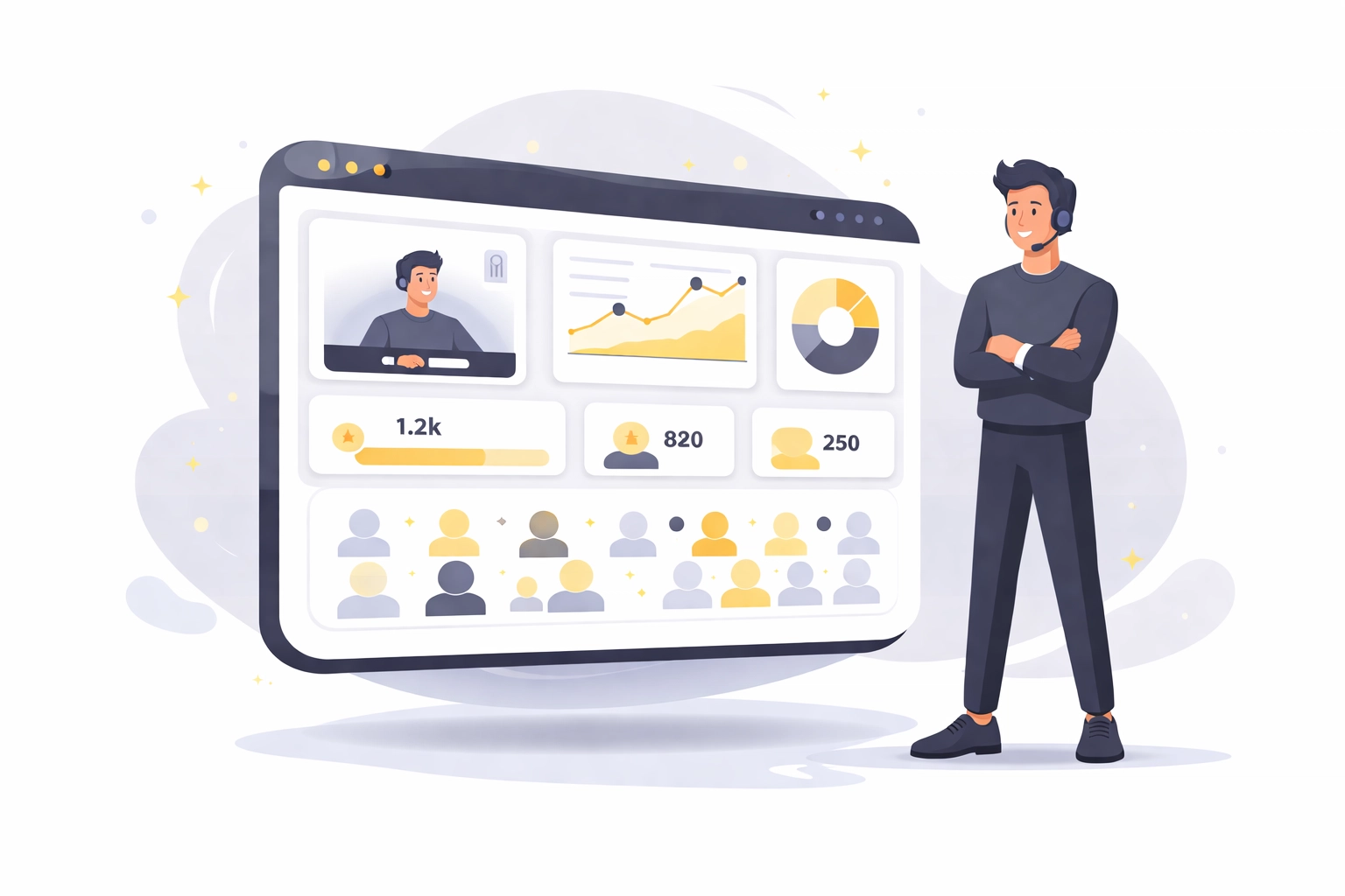 Futuristic webinar analytics dashboard showcasing viewer engagement and sales-focused metrics for modern platforms