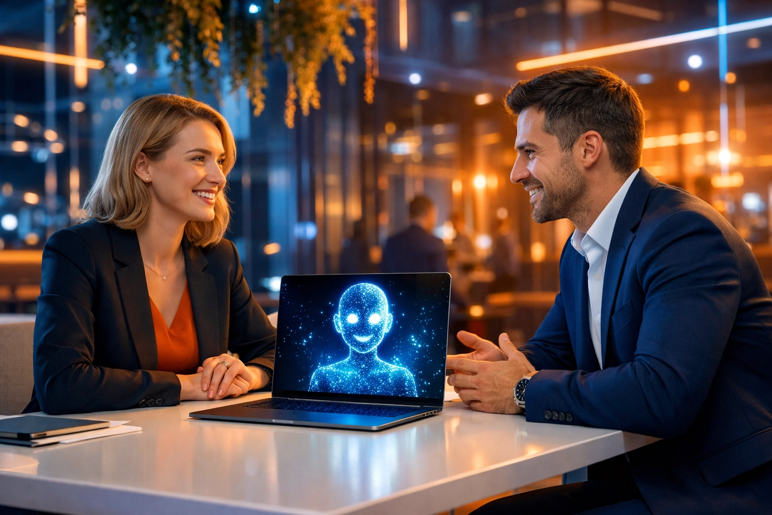 Mitarbeiter im Gespräch über Change Management & KI mit einem digitalen Assistenten in einem modernen Büro.