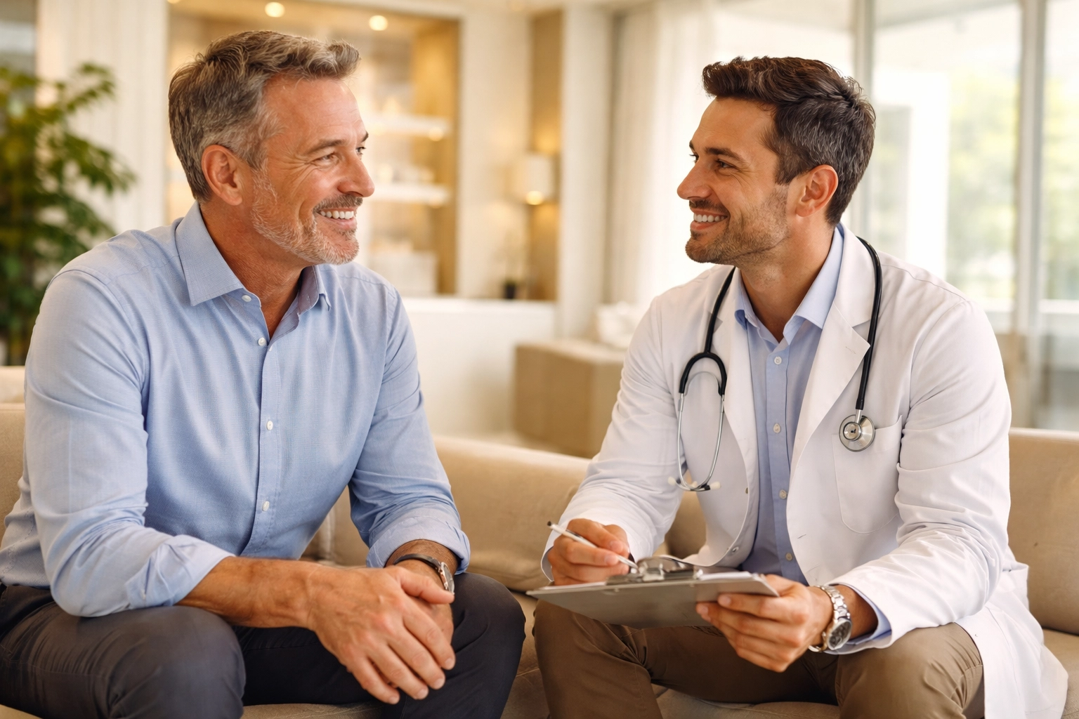 Middle-aged man consulting with male provider in a modern clinic, emphasizing personalized TRT care near you