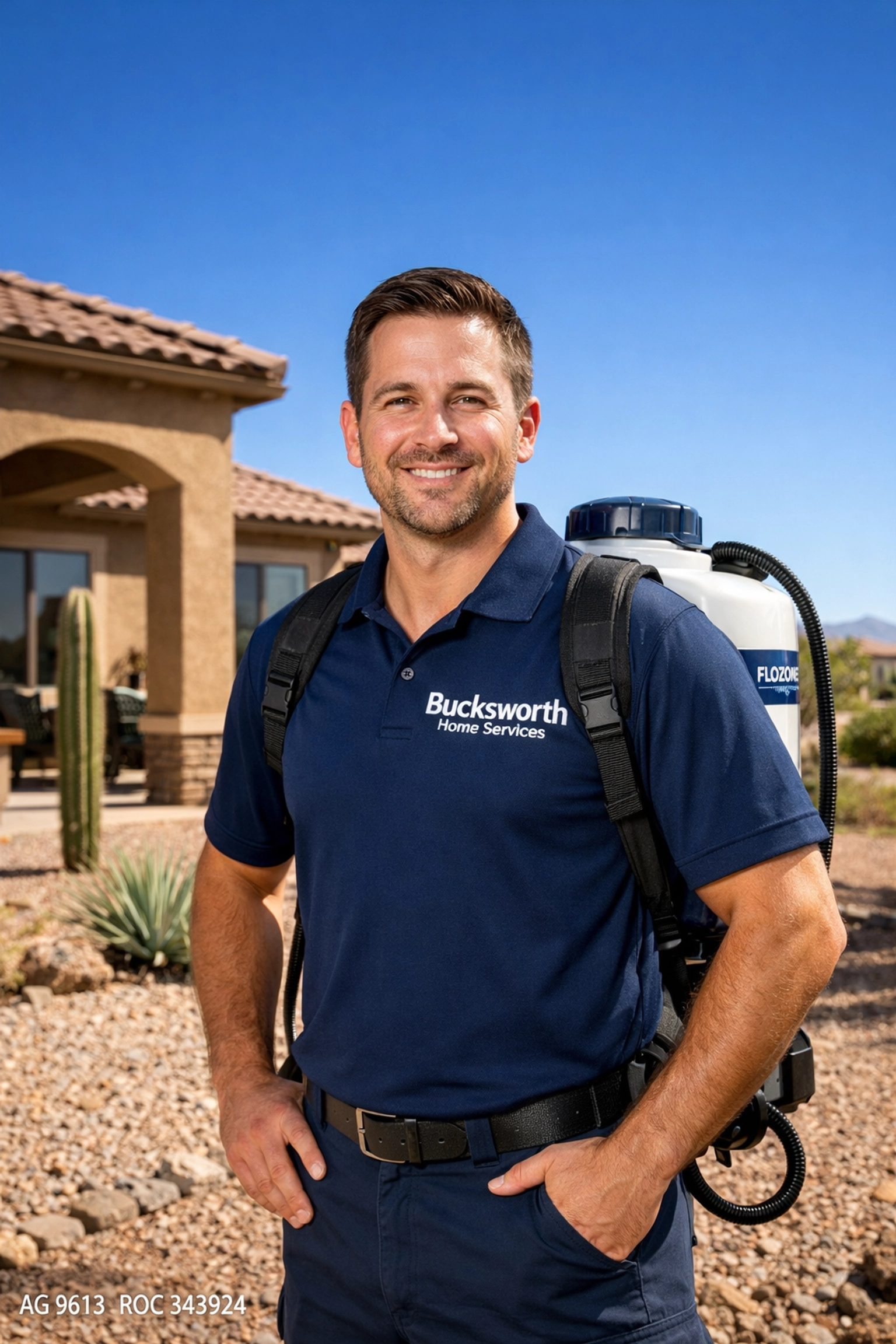 Bucksworth technician with Flozone backpack providing expert pest control in Florence AZ.