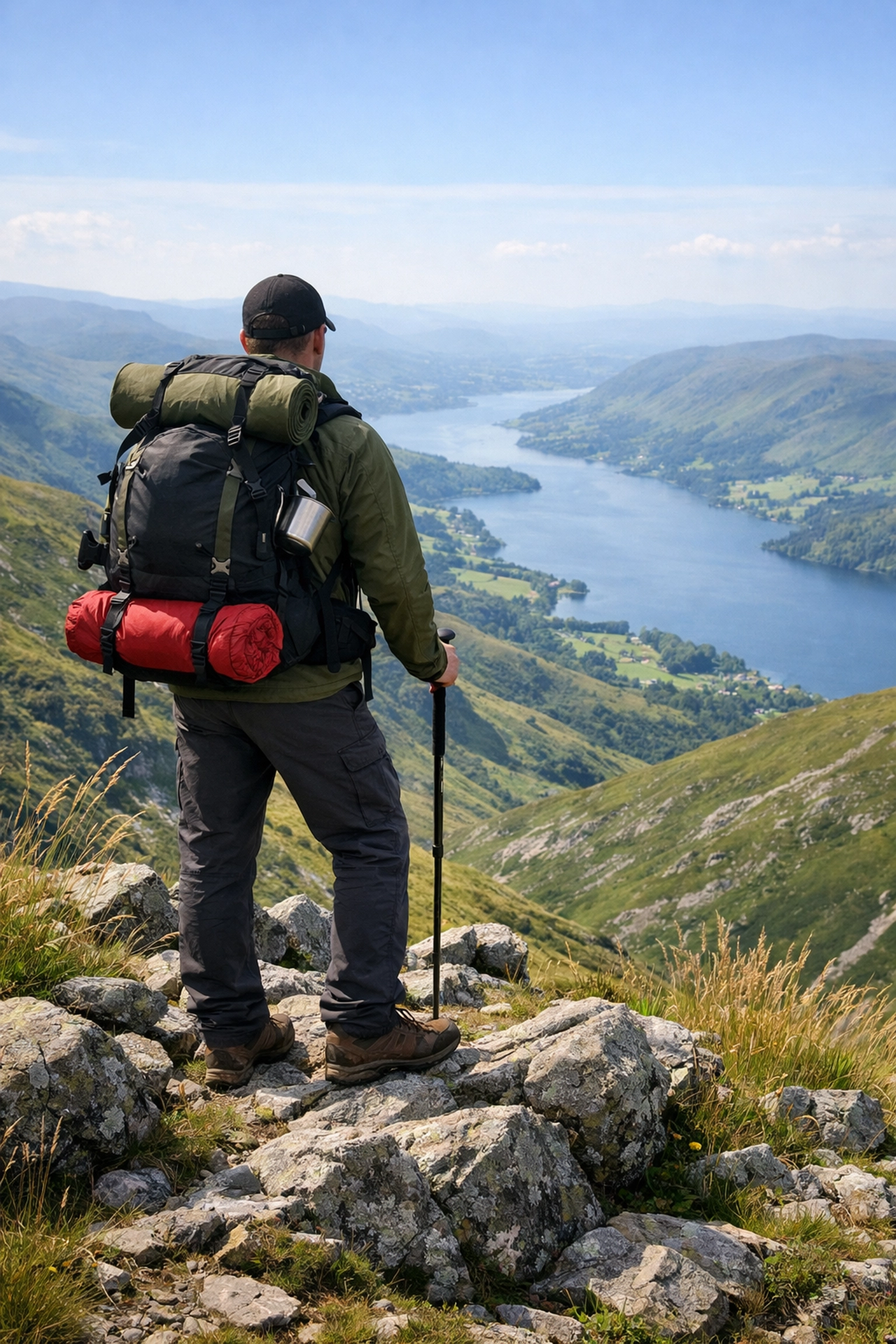 Hiker overlooking a Lake District panorama during a successful wild camping guided UK adventure.