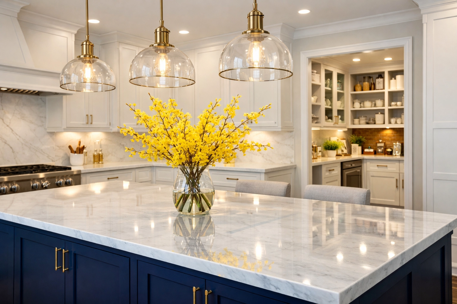 Sparkling white marble kitchen island showing high-end luxury house cleaning Needham MA standards.