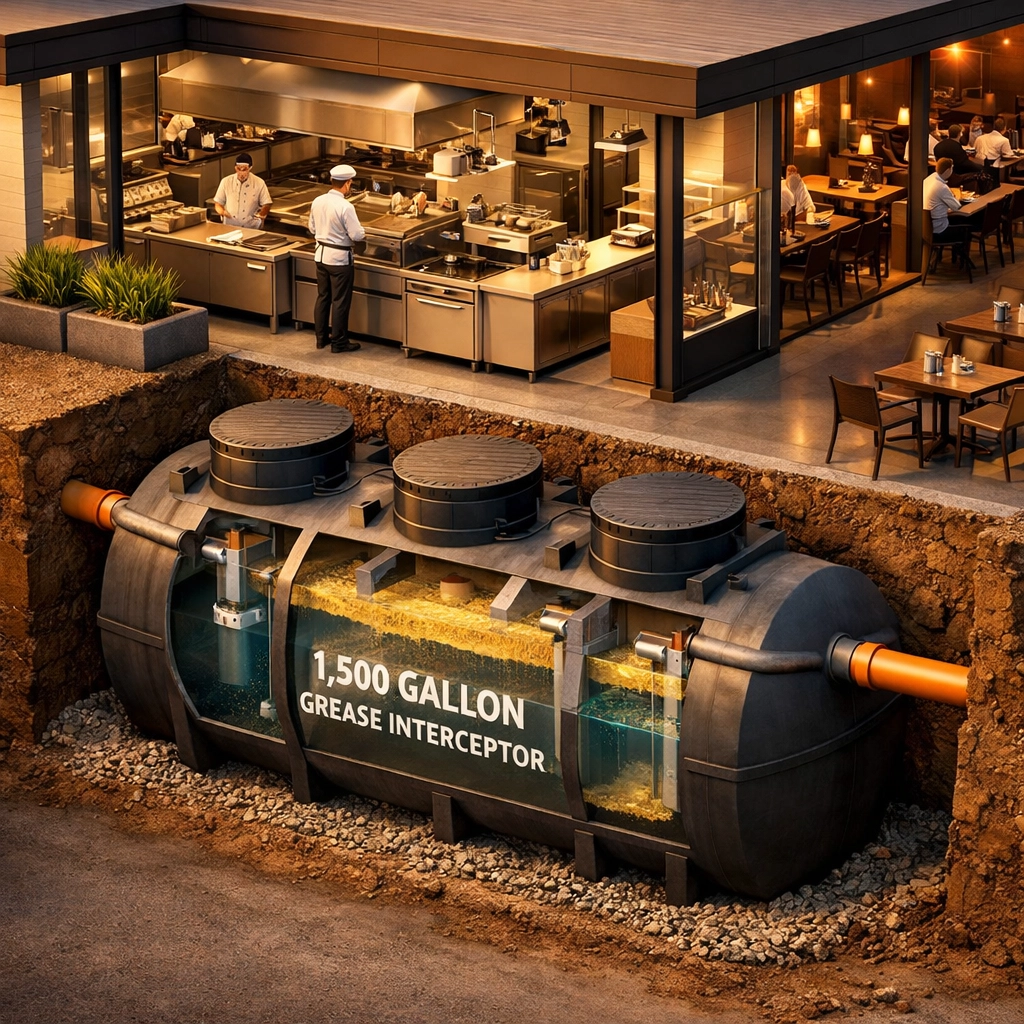 Large underground commercial grease interceptor tank installed outside a high-volume restaurant.
