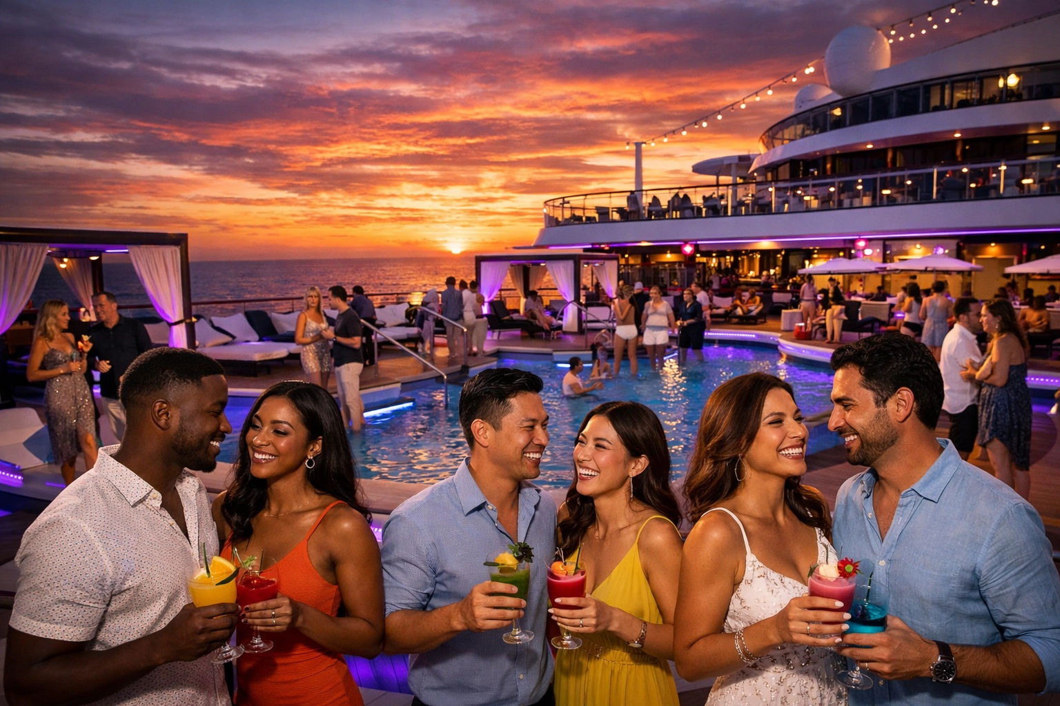 Adults only cruise ship pool deck party with couples socializing at sunset