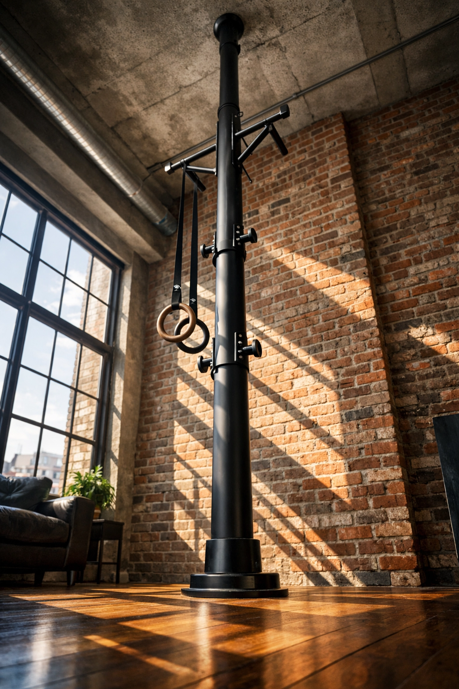 Matte-black floor-to-ceiling gym rail in a modern industrial loft for home resistance training.