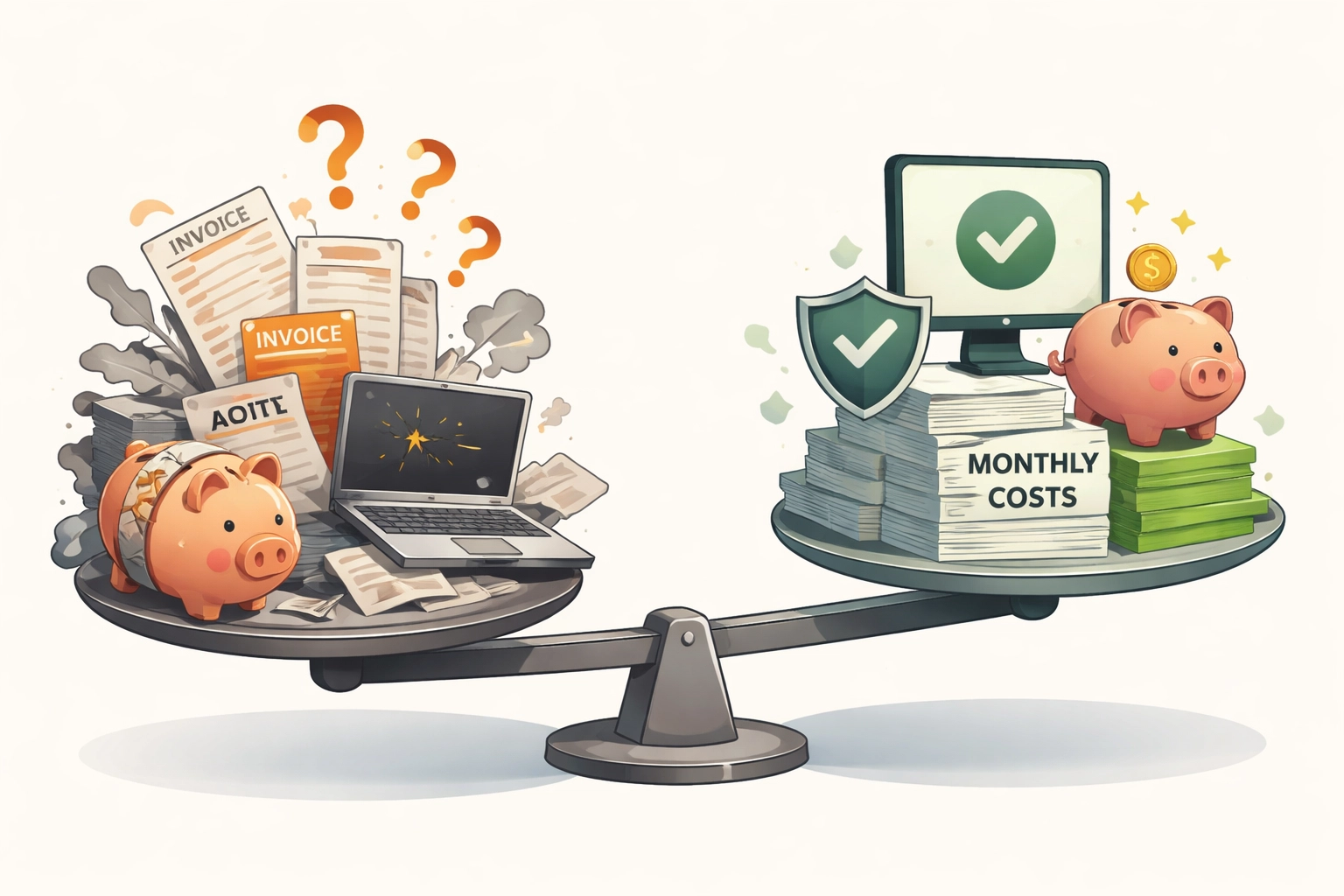 Comparison of costs: chaotic expenses from reactive IT vs. balanced, predictable savings with proactive IT support for small businesses.