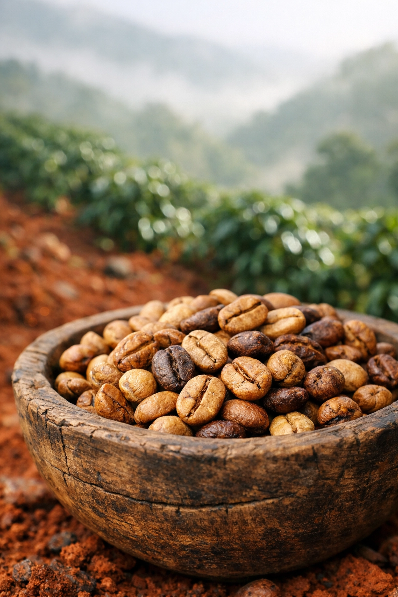 Sun-dried single origin coffee beans in a bowl at a high-altitude specialty coffee plantation.