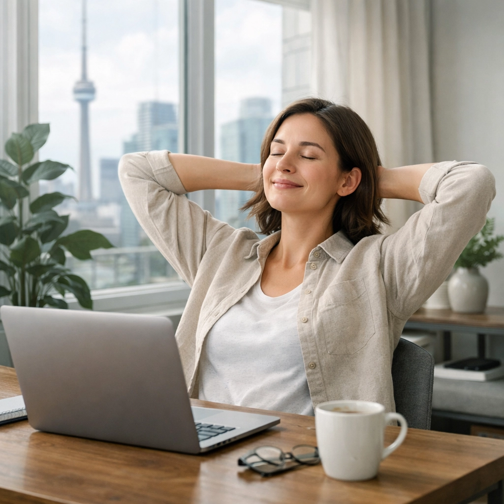 Young professional in a Toronto apartment feeling relieved after applying for loans for bad credit Canada.