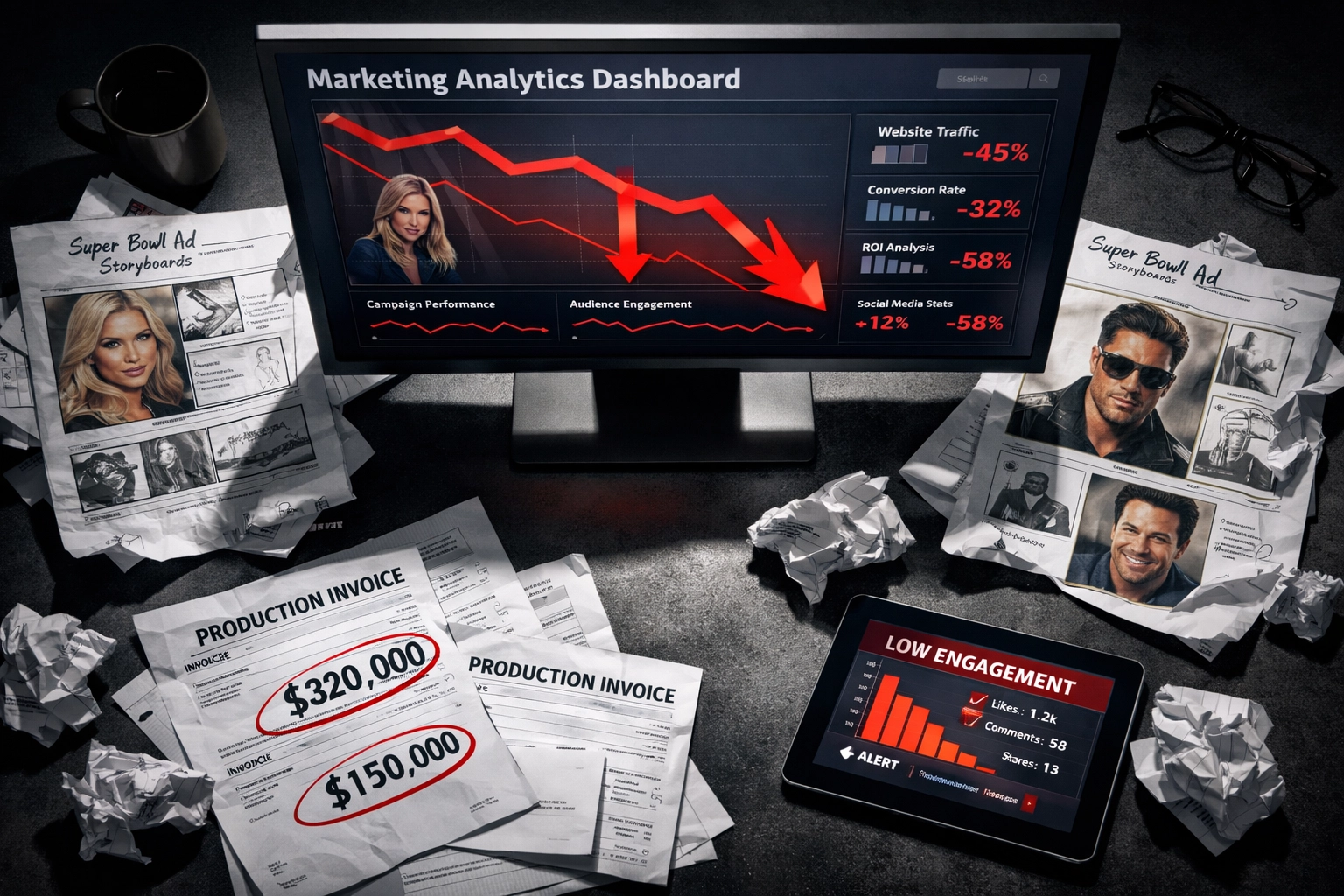 Marketing analytics showing declining ROI of $7 million Super Bowl ads compared to NIL athlete campaigns