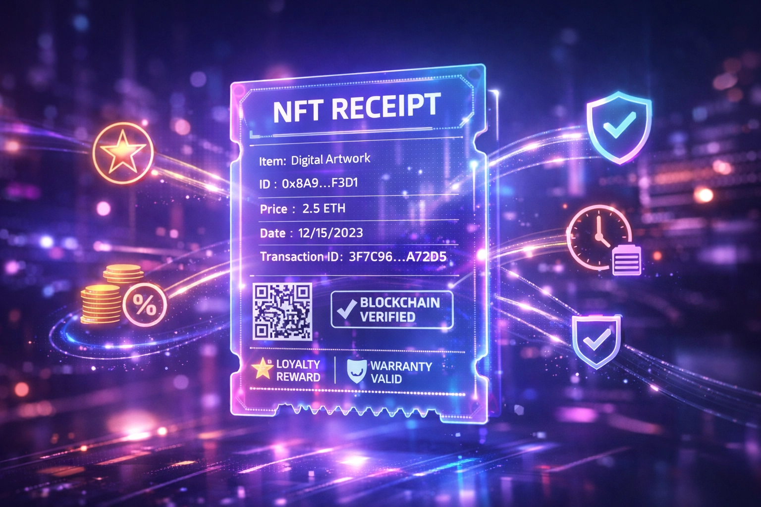 NFT receipt with blockchain verification showing transaction proof and loyalty features