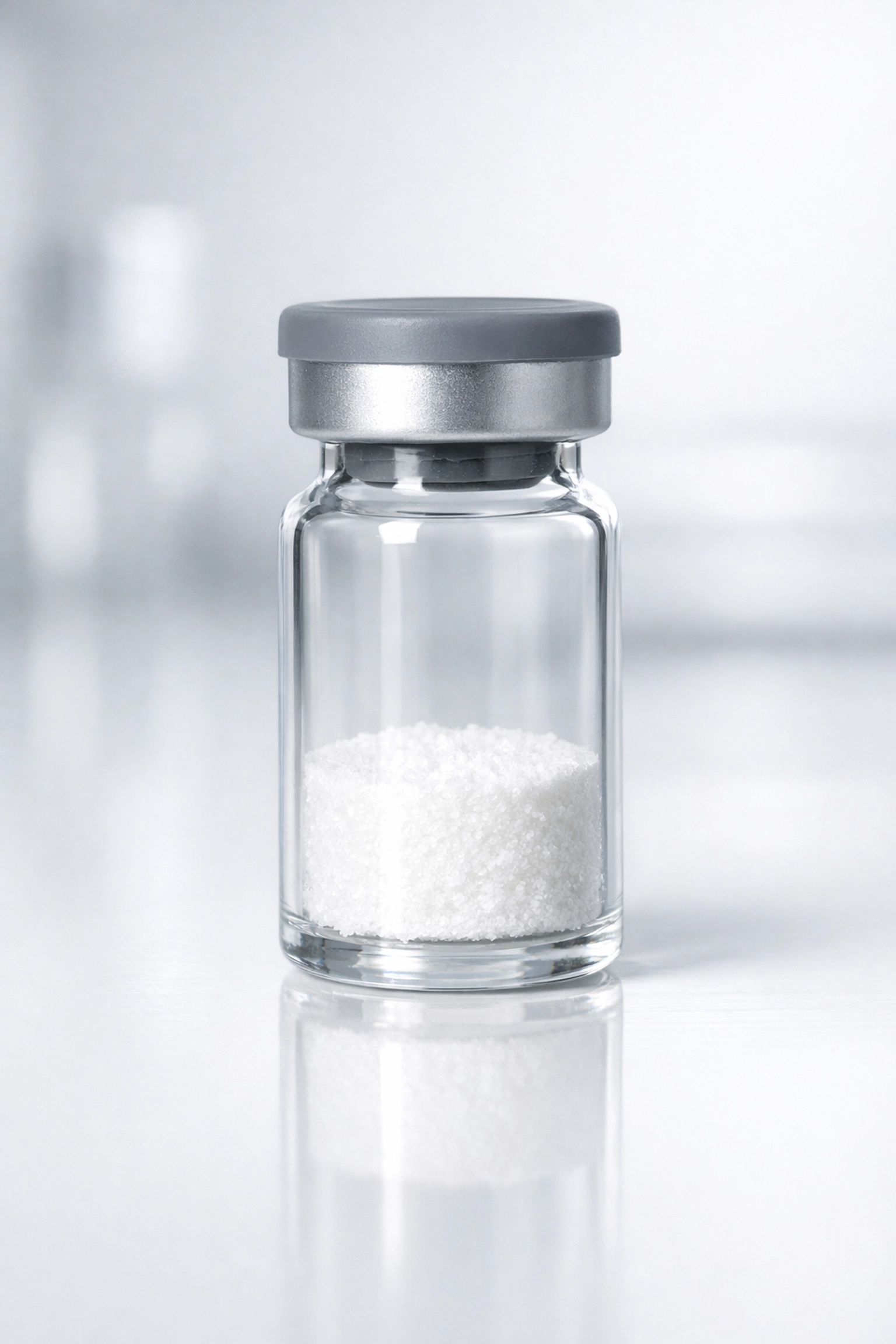 Vial containing stable lyophilized peptide powder ready for reconstitution.